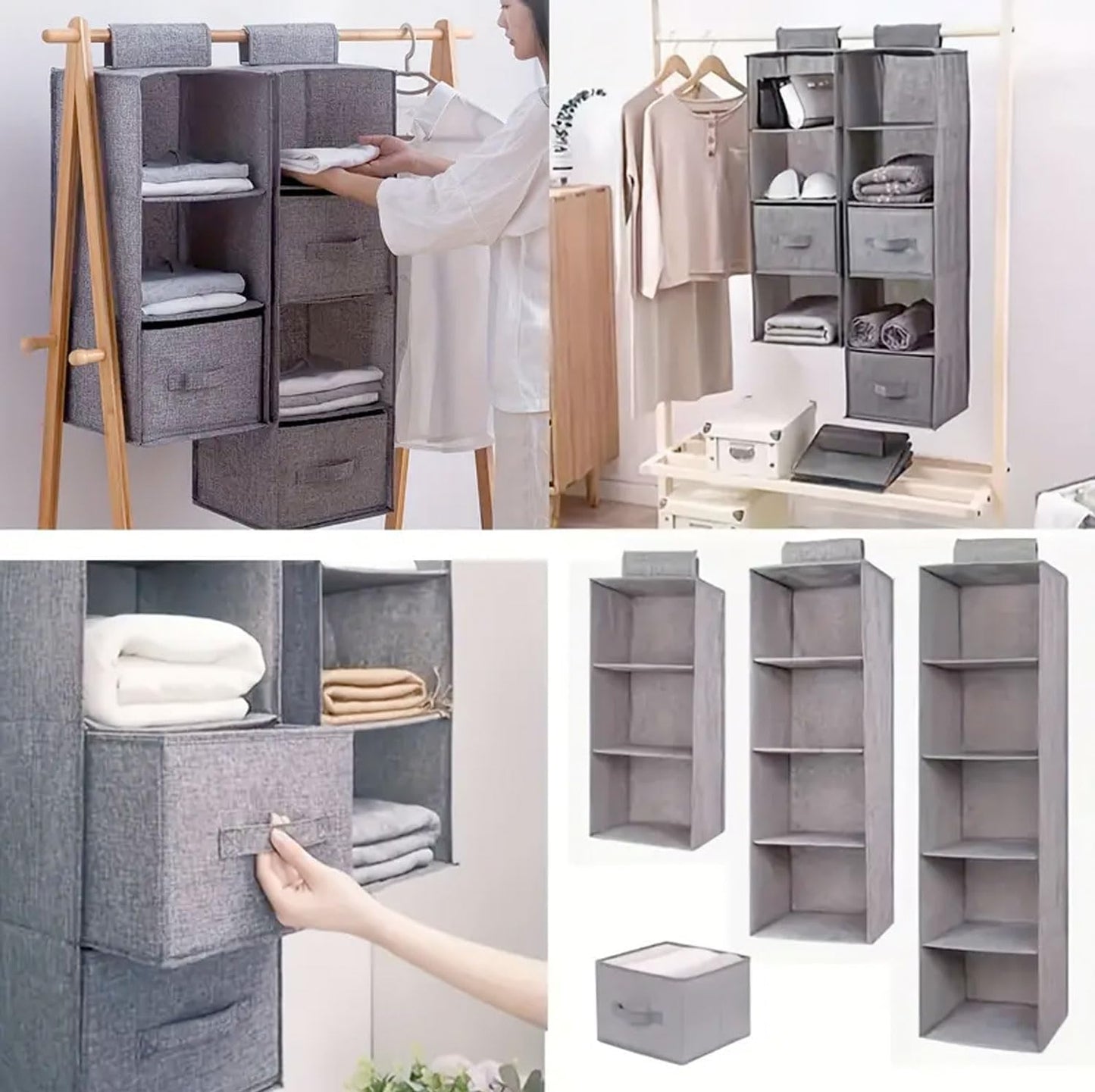 081 Store - 3 PEZZI Organizer da appendere nell’armadio - 5 ripiani, grigio scuro, 100 x 30 x 30 cm