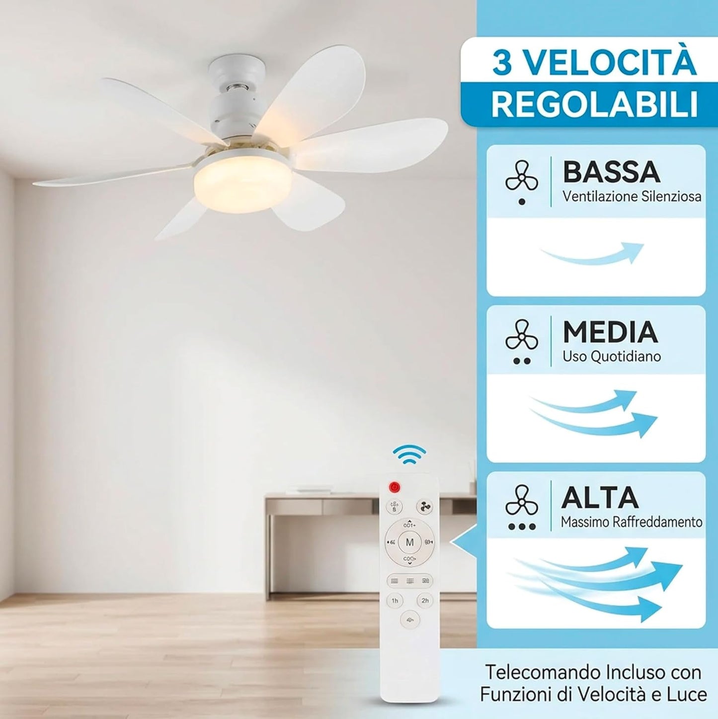 Ventilatore da Soffitto con Luce LED E27 e Telecomando, Ventilatore Lampadario 52 cm con 3 Velocità e 3 Colori di Luce, Ventilatore Silenzioso con Attacco E27 Universale per Camera da Letto, Cucina e Ufficio