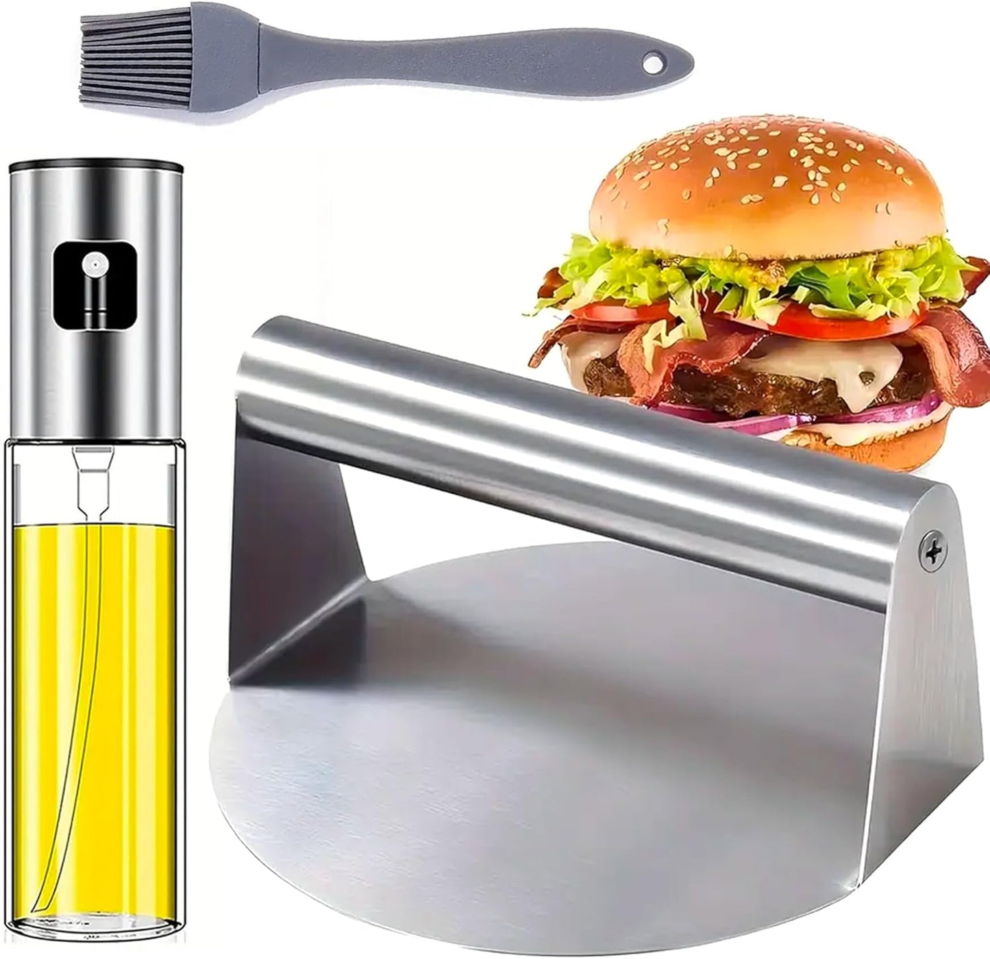 081 Store Pressa per hamburger in acciaio inox da 14 cm + spruzzatore per olio in acciaio inox da 100 ml + spazzola da cucina in silicone