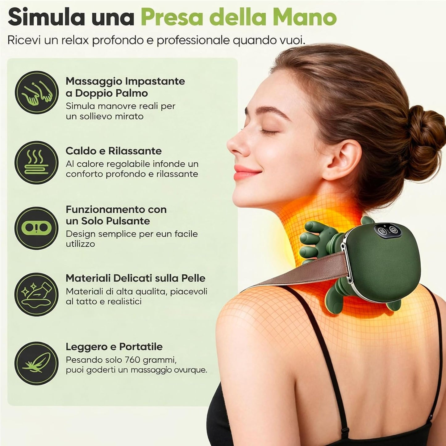Massaggiatore Cervicale per Collo e Spalle a Forma di Mano 4D con Terapia del Calore