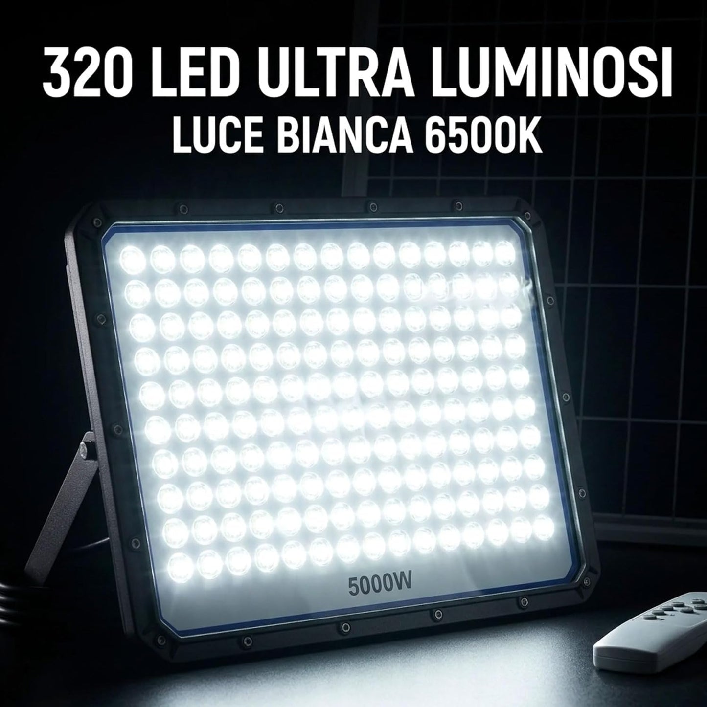 Faro Solare LED Esterno 5000W con Pannello Solare, 320 LED Ultra Luminosi, Luce Bianca Fredda 6500K, Telecomando Incluso, IP66 Impermeabile, Autonomia fino a 12 Ore