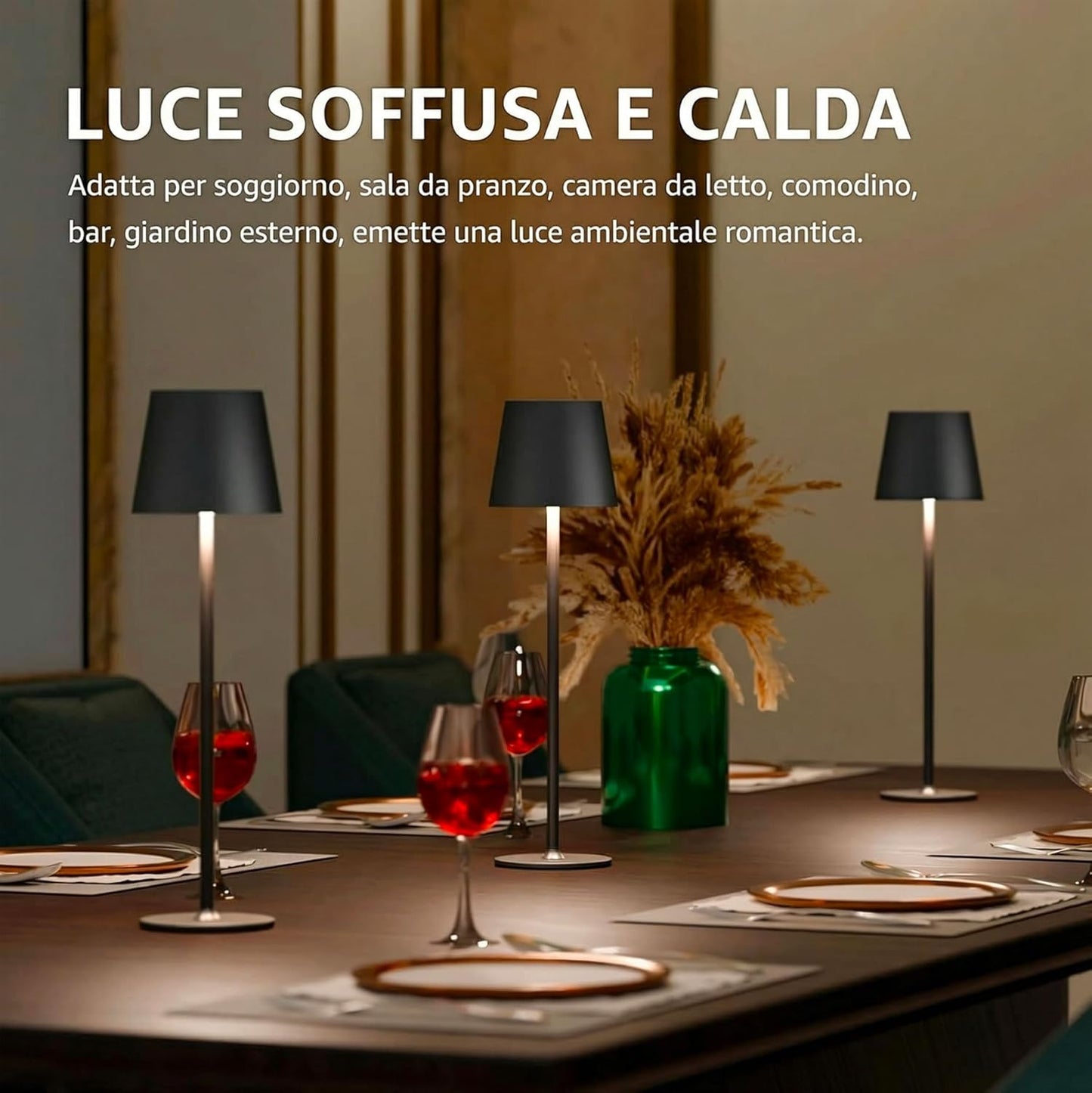 Lampada da Tavolo LED Nera Senza Fili Ricaricabile, Dimmerabile 3000-6500K, 3 Tonalità di Luce, IP54