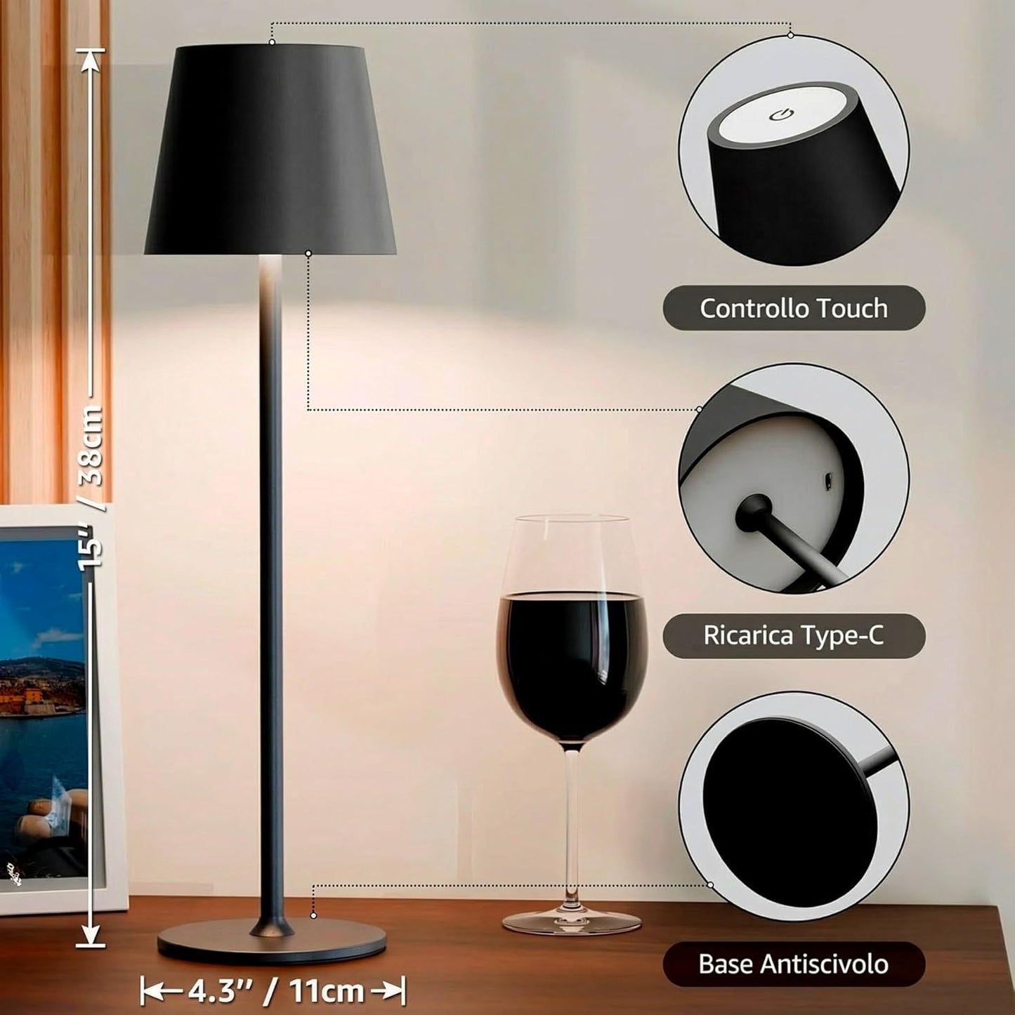 Kit 2 Lampade da Tavolo Senza Fili Nere Ricaricabili, LED Dimmerabili 3 Tonalità 3000K-6500K, Touch Control, Impermeabili IP54, Lampade Senza Fili Moderne per Interno ed Esterno