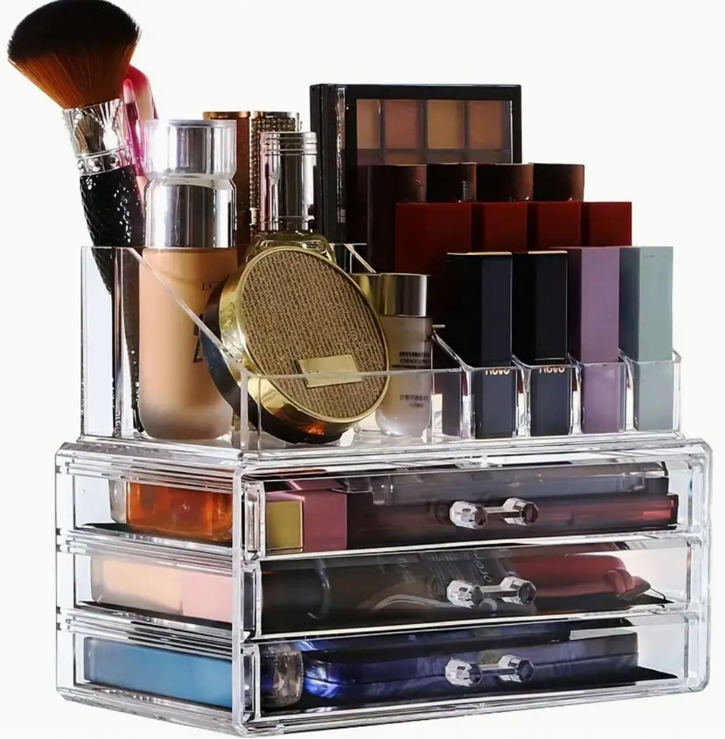 081 Store Organizer per trucchi, organizer per cosmetici, organizer per trucchi con 15 scomparti e 3 cassetti in acrilico per toeletta