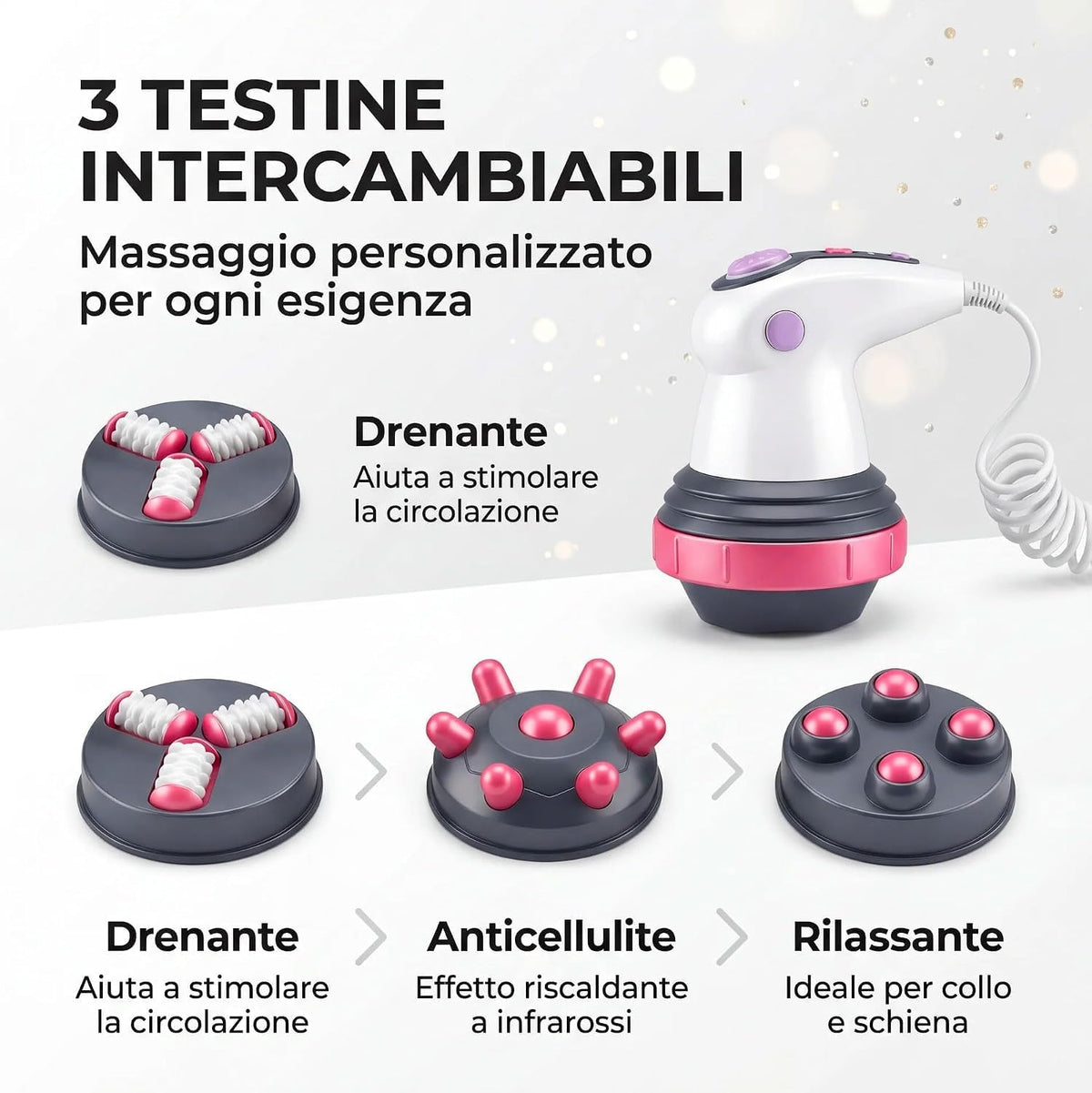 Massaggiatore Anticellulite Elettrico per Corpo, 3 Testine Intercambiabili, Vibrazione, Infrarossi e Intensità Regolabile, Massaggiatore Corpo per Gambe, Glutei, Addome e Braccia
