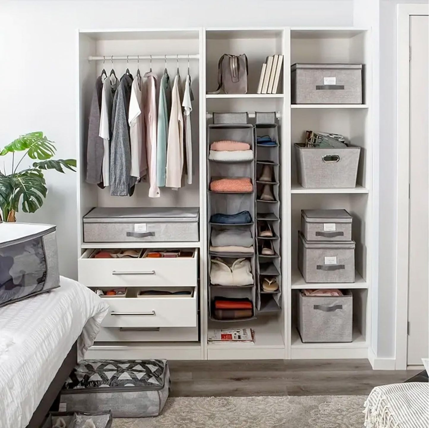 081 Store - 3 PEZZI Organizer da appendere nell’armadio - 5 ripiani, grigio scuro, 100 x 30 x 30 cm