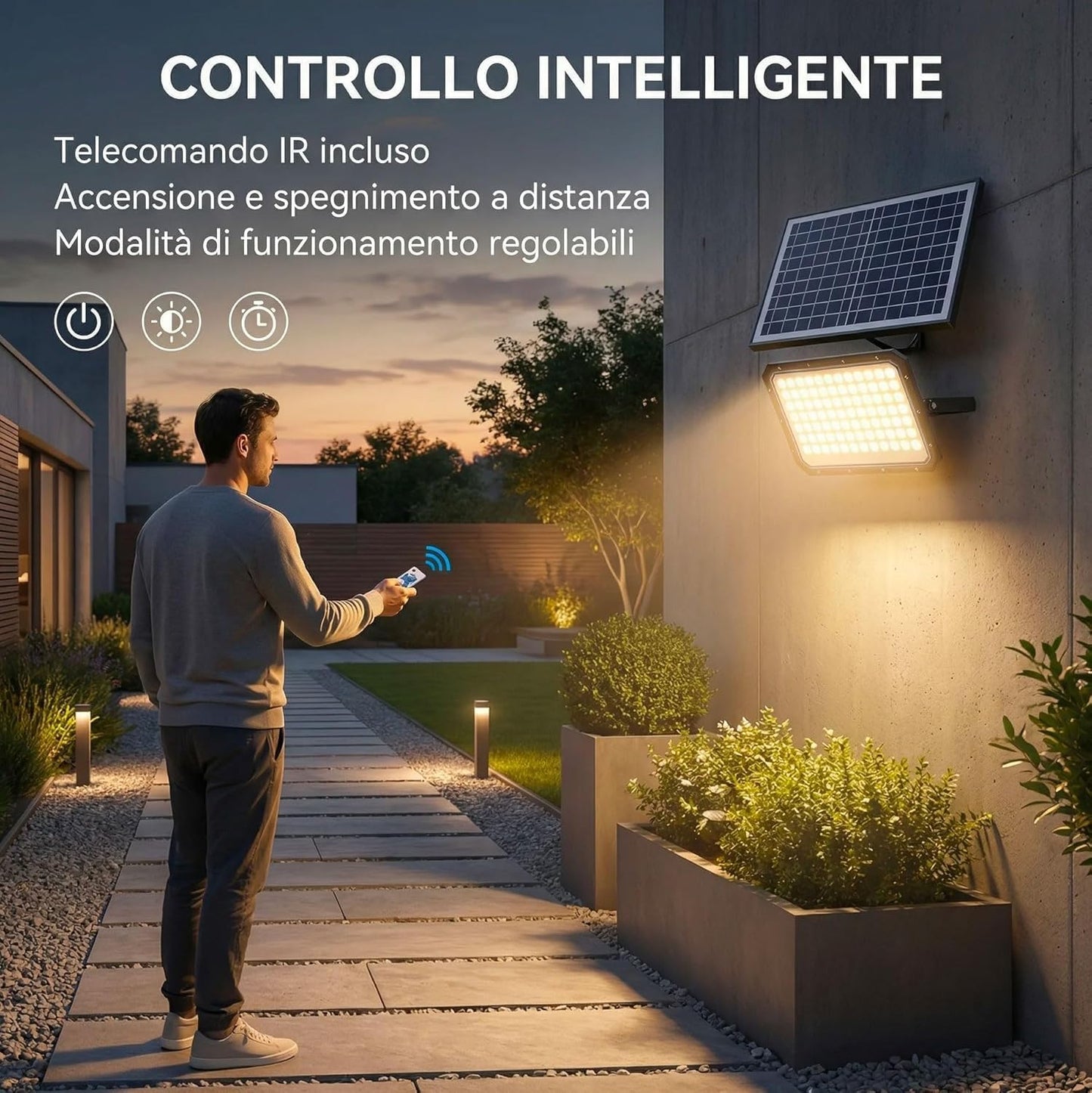 Faro LED da Esterno Solare 2000W con Pannello Solare, Sensore Crepuscolare, Telecomando, Luce Bianca Fredda, IP66 Impermeabile