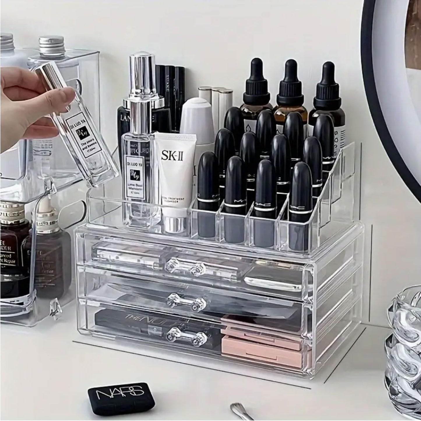 081 Store Organizer per trucchi, organizer per cosmetici, organizer per trucchi con 15 scomparti e 3 cassetti in acrilico per toeletta