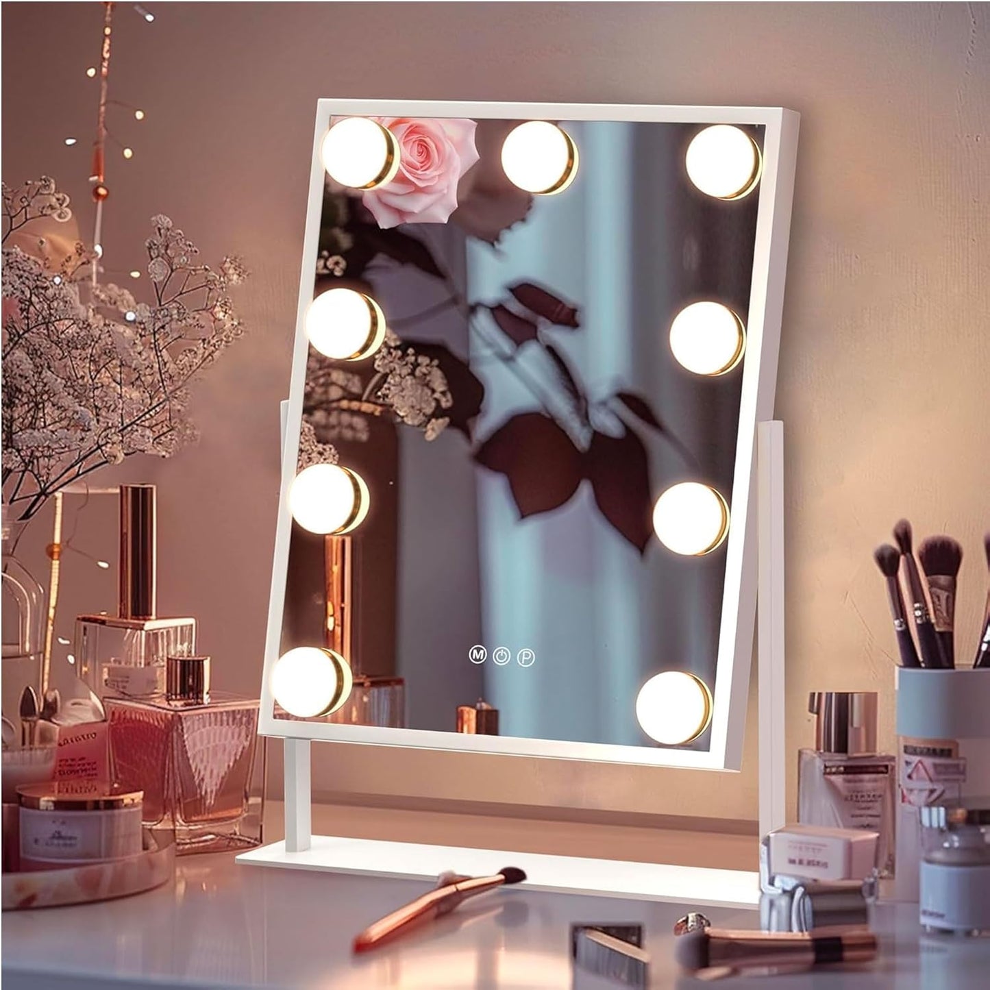 Specchio per Trucco con 9 Luci LED, 3 Modalità di Luce, Luminosità Regolabile, Rotazione 360°, Specchio Ingranditore 10X Rimovibile, Controllo Touch, Alimentazione USB, per Make Up e Toeletta