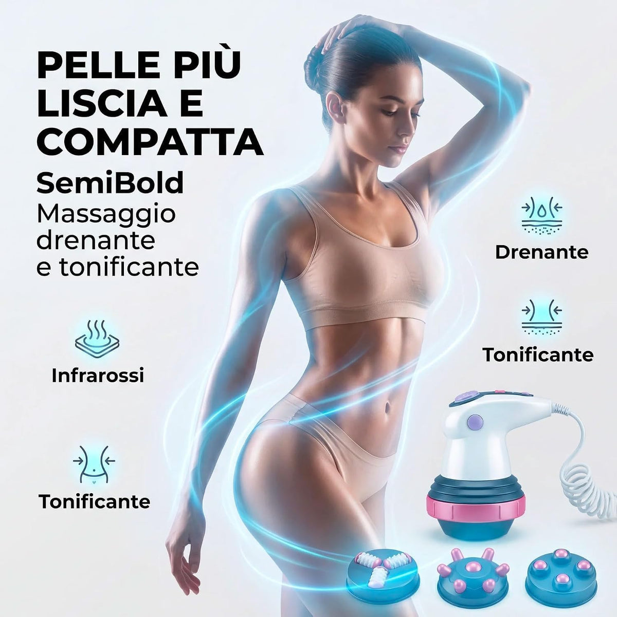 Massaggiatore Anticellulite Elettrico per Corpo, 3 Testine Intercambiabili, Vibrazione, Infrarossi e Intensità Regolabile, Massaggiatore Corpo per Gambe, Glutei, Addome e Braccia