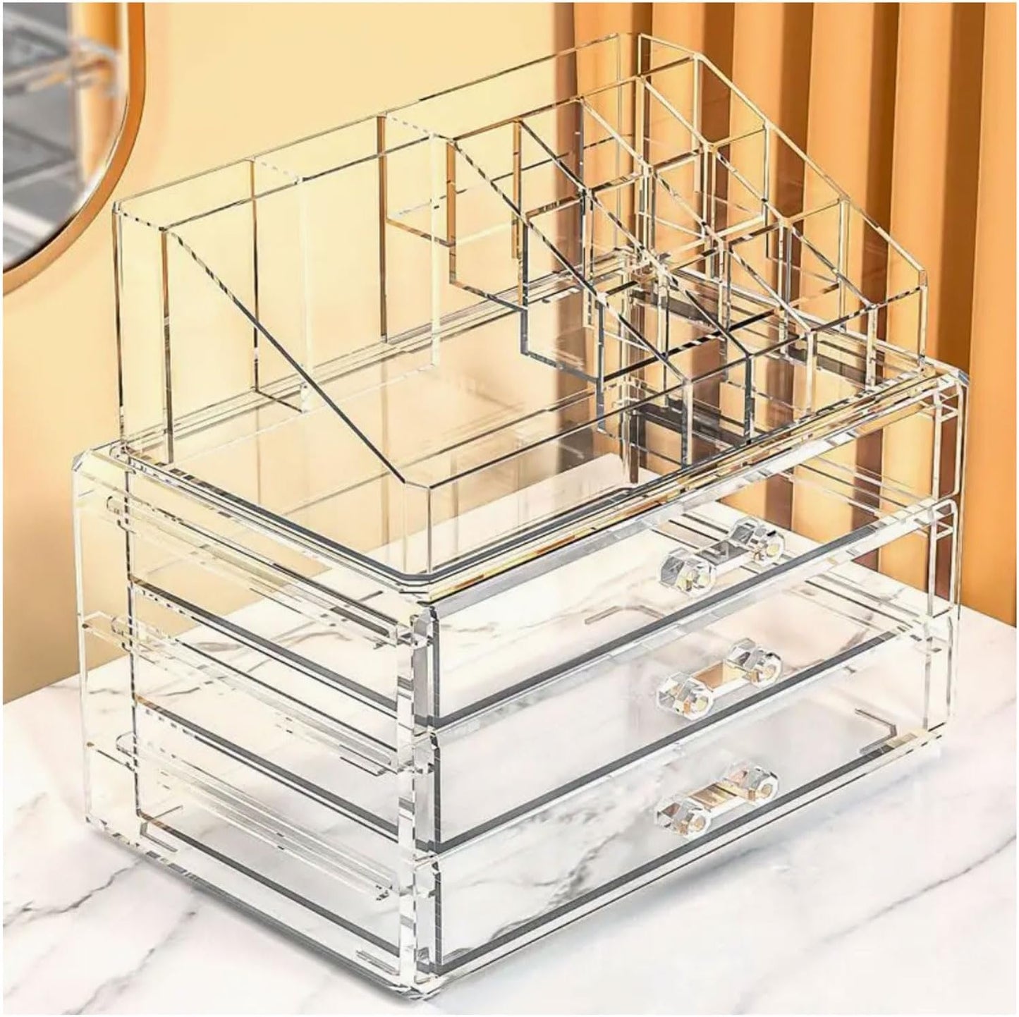 081 Store Organizer per trucchi, organizer per cosmetici, organizer per trucchi con 15 scomparti e 3 cassetti in acrilico per toeletta