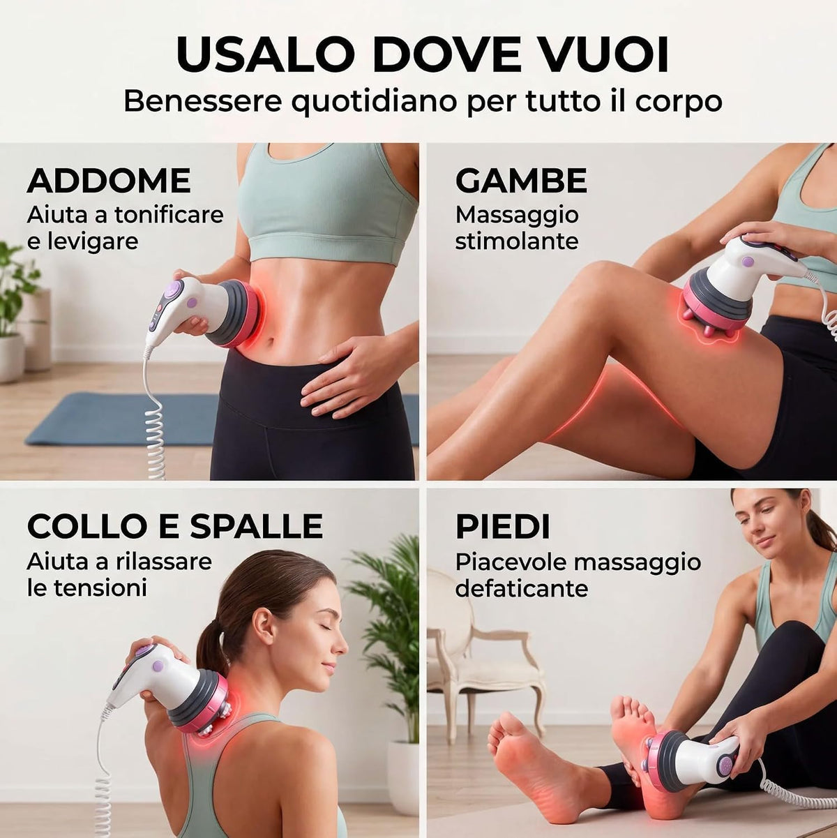 Massaggiatore Anticellulite Elettrico per Corpo, 3 Testine Intercambiabili, Vibrazione, Infrarossi e Intensità Regolabile, Massaggiatore Corpo per Gambe, Glutei, Addome e Braccia