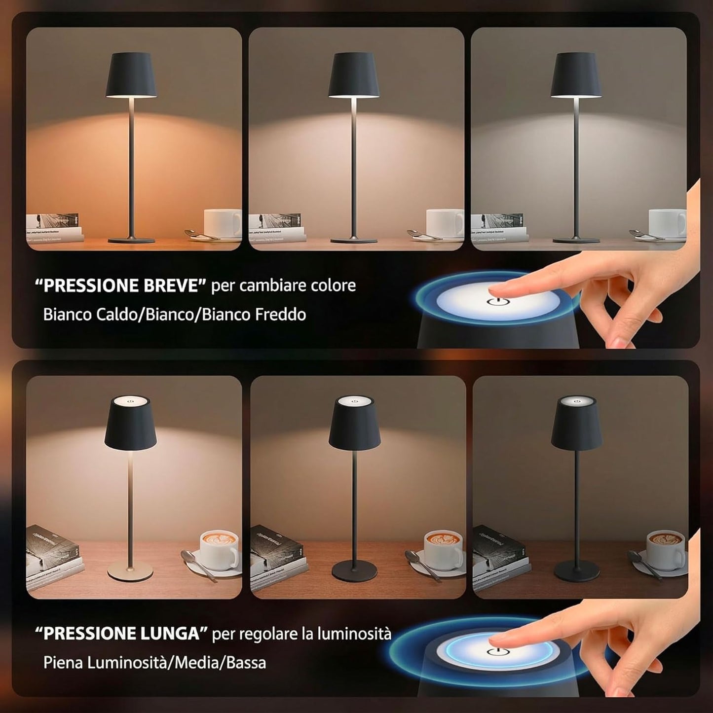 Lampada da Tavolo LED Nera Senza Fili Ricaricabile, Dimmerabile 3000-6500K, 3 Tonalità di Luce, IP54