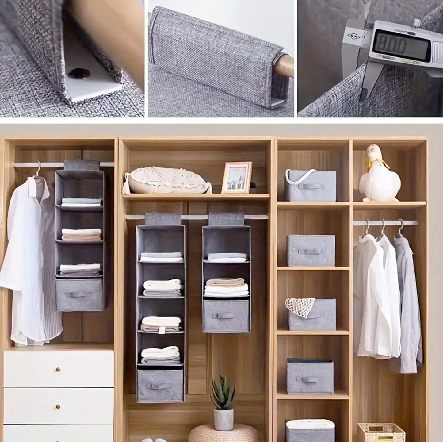 081 Store - 3 PEZZI Organizer da appendere nell’armadio - 5 ripiani, grigio scuro, 100 x 30 x 30 cm