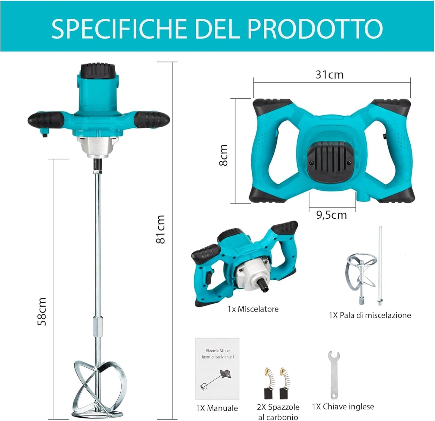 Miscelatore Cemento Professionale 1860W 6 Velocità Agitatore Industriale M14 per Malta Colla Vernici Intonaco Impastatore Elettrico Edilizia 2 Anni Garanzia