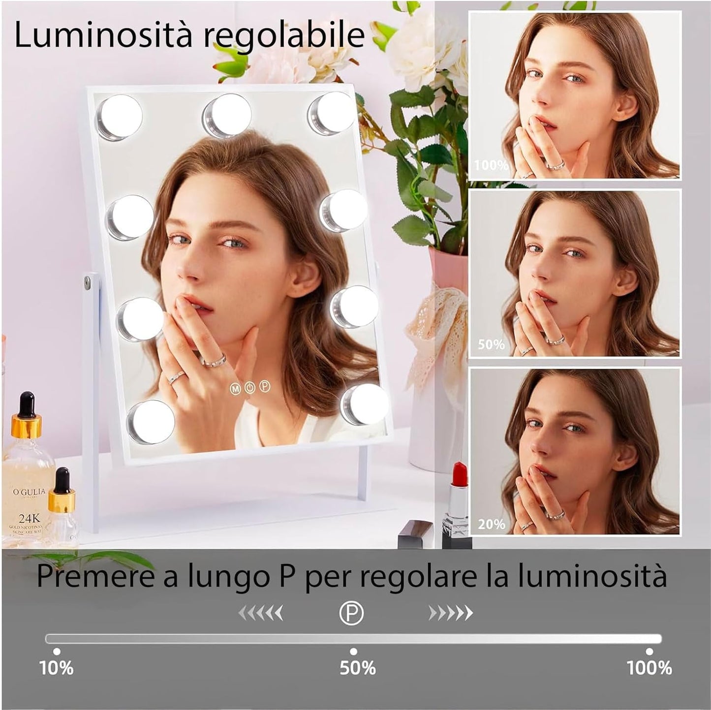 Specchio per Trucco con 9 Luci LED, 3 Modalità di Luce, Luminosità Regolabile, Rotazione 360°, Specchio Ingranditore 10X Rimovibile, Controllo Touch, Alimentazione USB, per Make Up e Toeletta