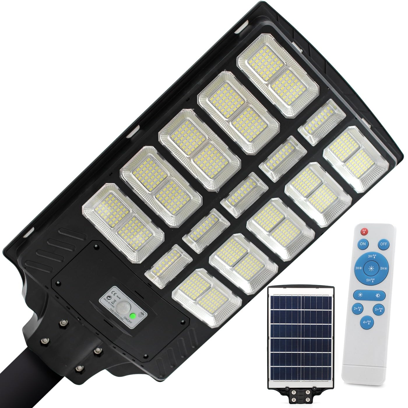 081 Store - Lampione Solare Led Esterno 1500W Impermeabile IP67 780 LED e Telecomando e staffa di 50cm nera per Esterni sensore Crepuscolare [Classe di efficienza energetica A++]