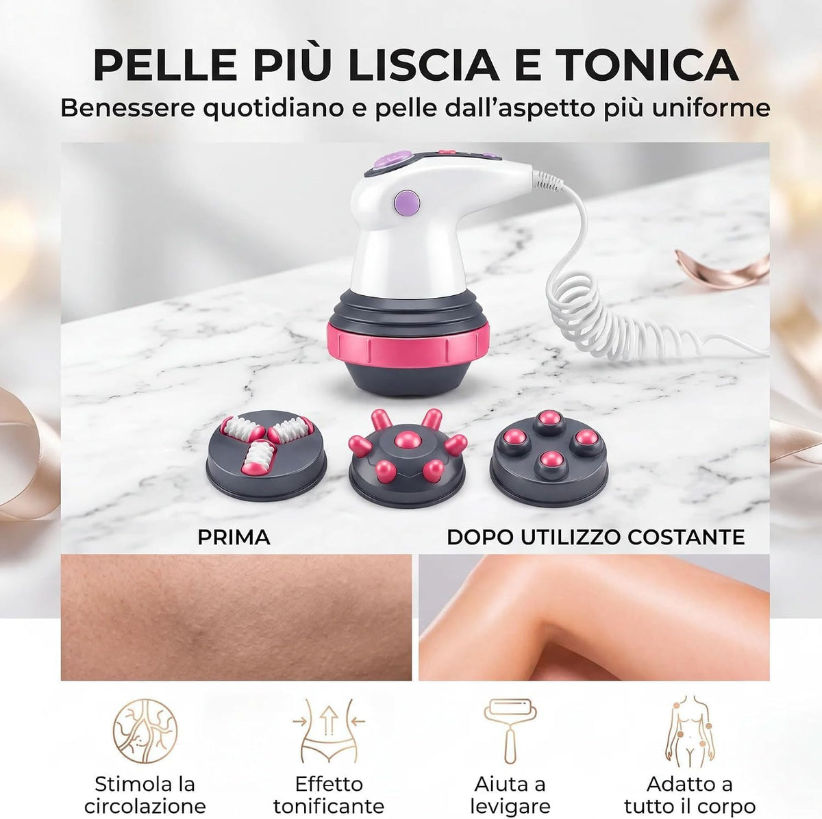 Massaggiatore Anticellulite Elettrico per Corpo, 3 Testine Intercambiabili, Vibrazione, Infrarossi e Intensità Regolabile, Massaggiatore Corpo per Gambe, Glutei, Addome e Braccia