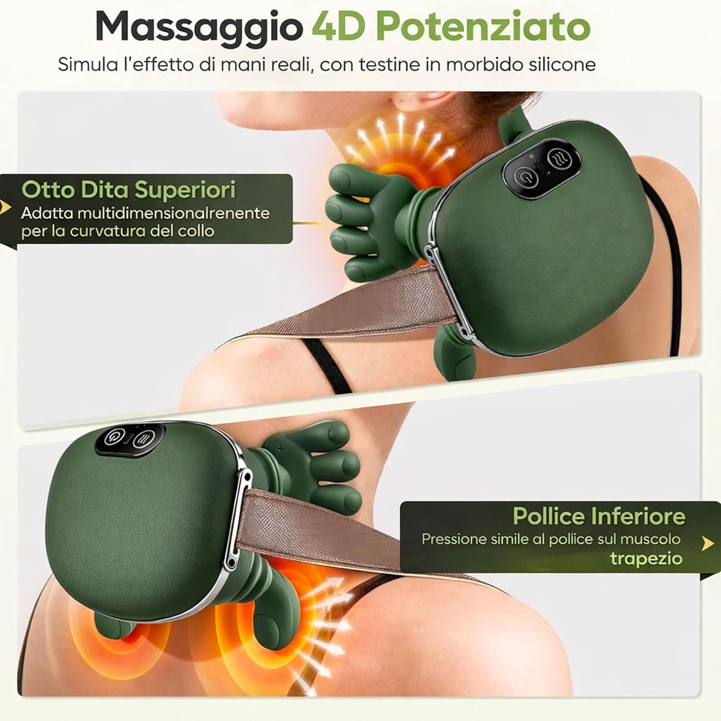 Massaggiatore Cervicale per Collo e Spalle a Forma di Mano 4D con Terapia del Calore
