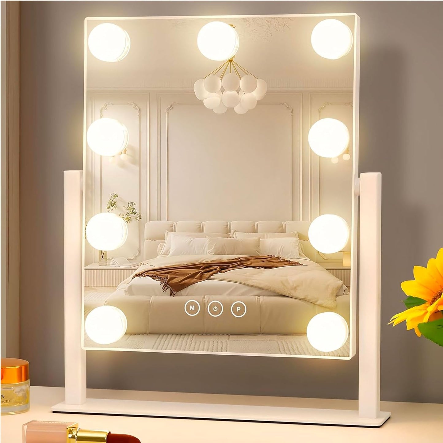 Specchio per Trucco con 9 Luci LED, 3 Modalità di Luce, Luminosità Regolabile, Rotazione 360°, Specchio Ingranditore 10X Rimovibile, Controllo Touch, Alimentazione USB, per Make Up e Toeletta