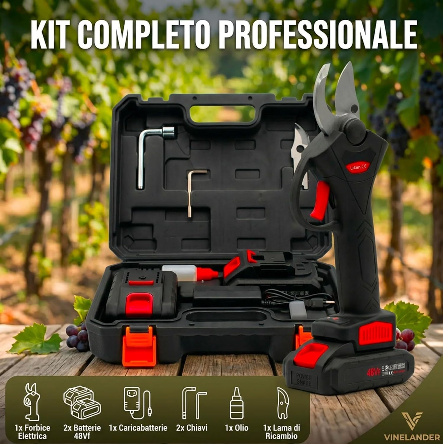 Forbici da Potatura Elettriche 48V con 3 Batterie, Taglio fino a 35 mm, Valigetta e Accessori Inclusi