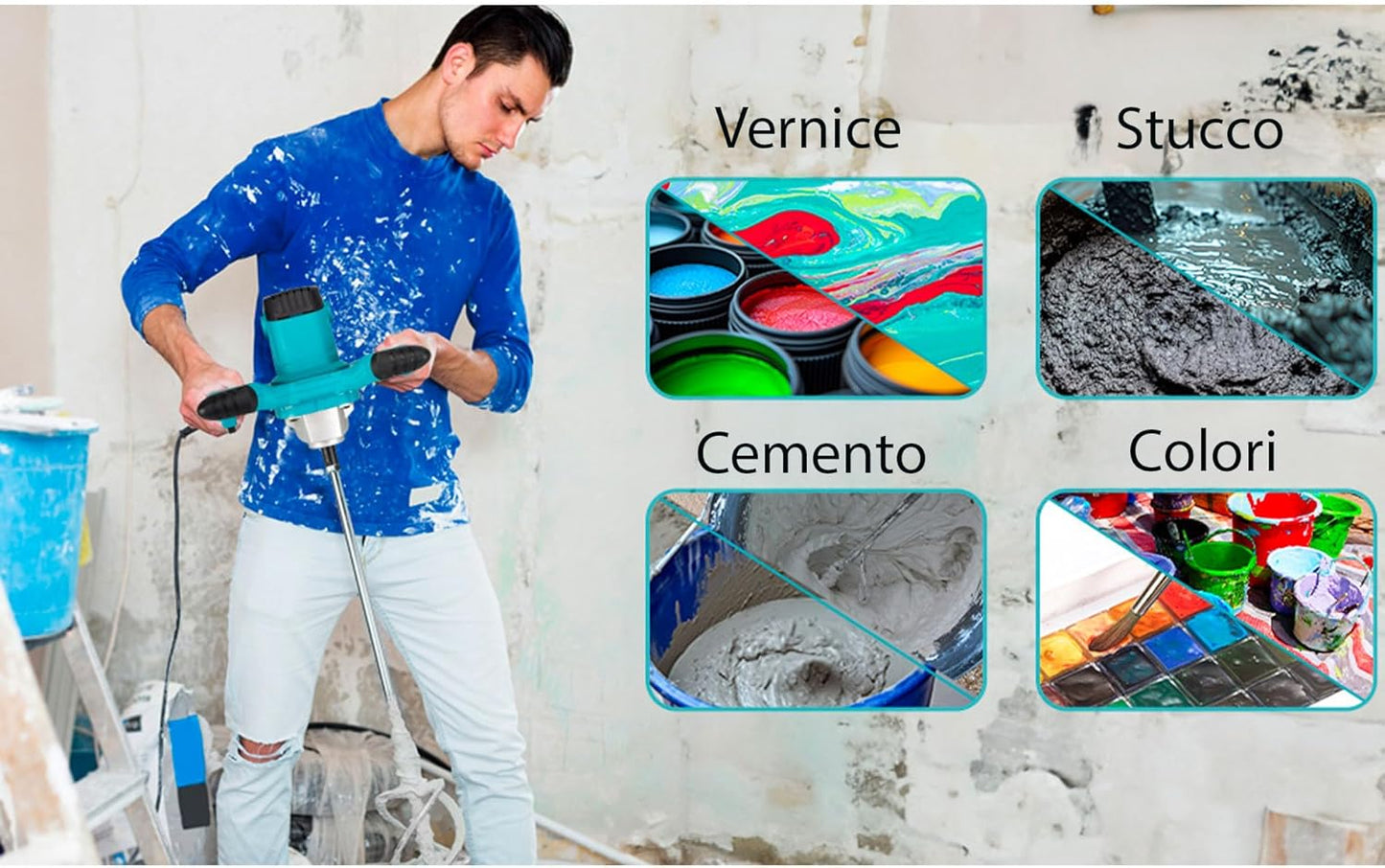 Miscelatore Cemento Professionale 1860W 6 Velocità Agitatore Industriale M14 per Malta Colla Vernici Intonaco Impastatore Elettrico Edilizia 2 Anni Garanzia