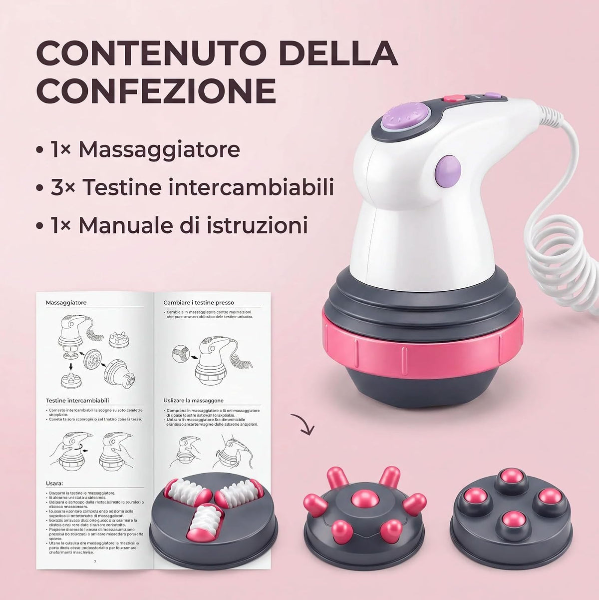 Massaggiatore Anticellulite Elettrico per Corpo, 3 Testine Intercambiabili, Vibrazione, Infrarossi e Intensità Regolabile, Massaggiatore Corpo per Gambe, Glutei, Addome e Braccia