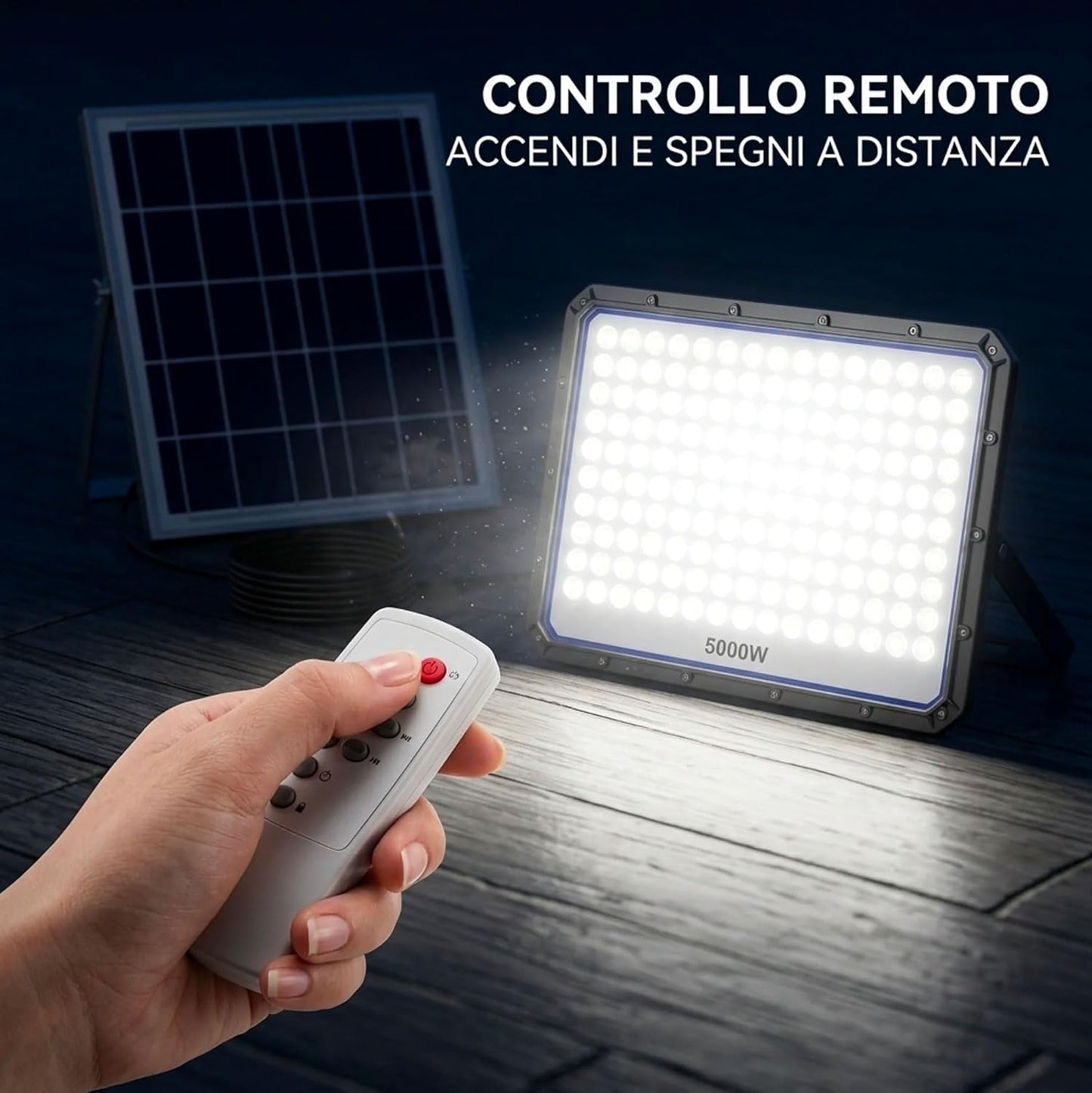 Faro Solare LED Esterno 5000W con Pannello Solare, 320 LED Ultra Luminosi, Luce Bianca Fredda 6500K, Telecomando Incluso, IP66 Impermeabile, Autonomia fino a 12 Ore