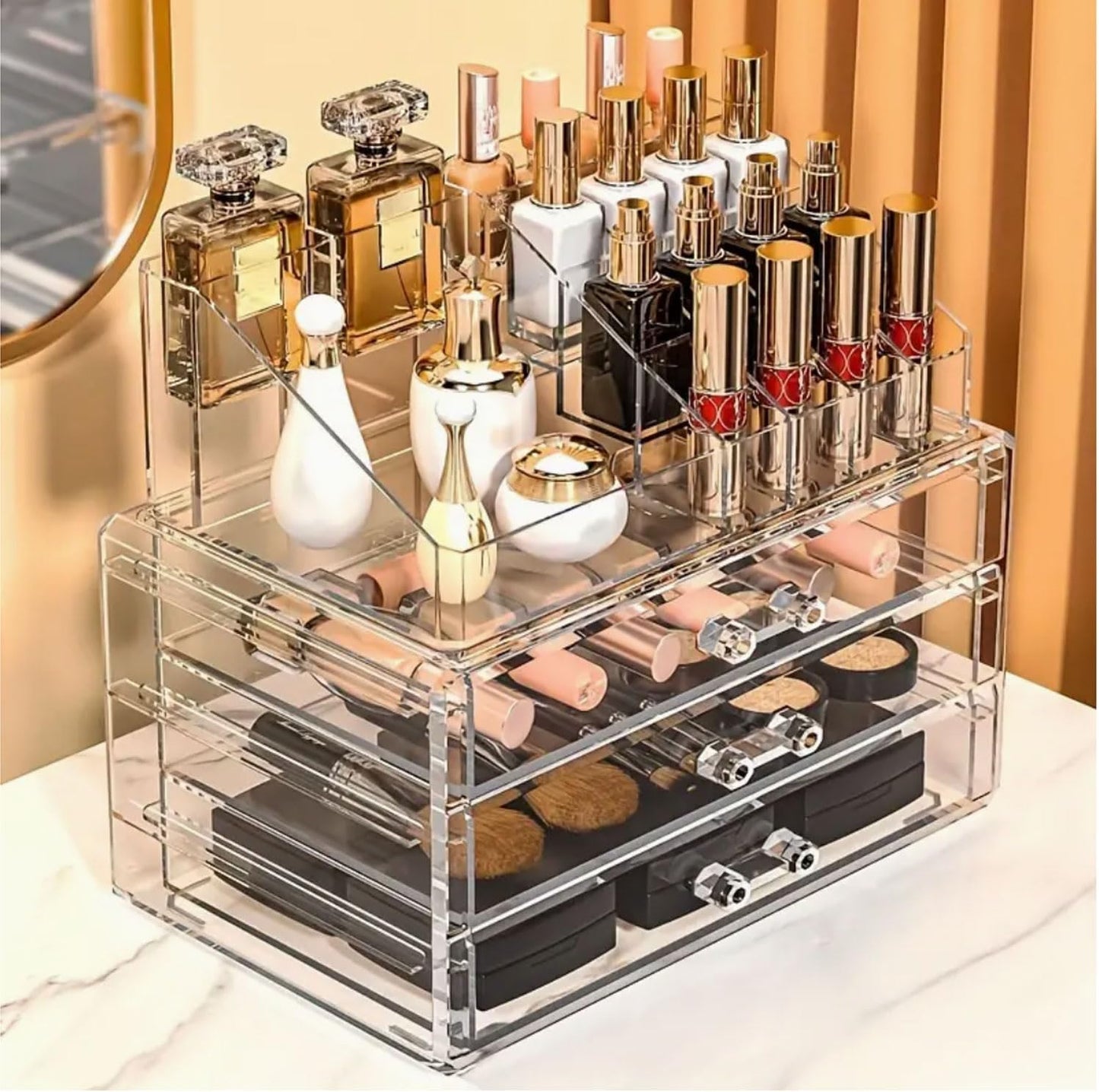 081 Store Organizer per trucchi, organizer per cosmetici, organizer per trucchi con 15 scomparti e 3 cassetti in acrilico per toeletta