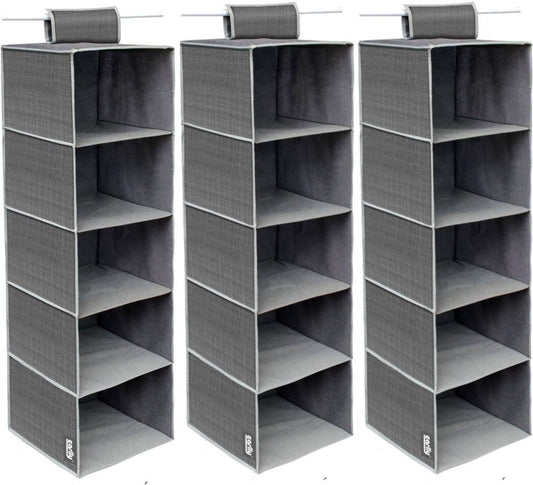 081 Store - 3 PEZZI Organizer da appendere nell’armadio - 5 ripiani, grigio scuro, 100 x 30 x 30 cm