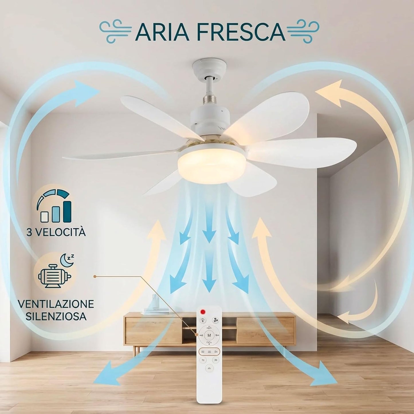 Ventilatore da Soffitto con Luce LED E27 e Telecomando, Ventilatore Lampadario 52 cm con 3 Velocità e 3 Colori di Luce, Ventilatore Silenzioso con Attacco E27 Universale per Camera da Letto, Cucina e Ufficio