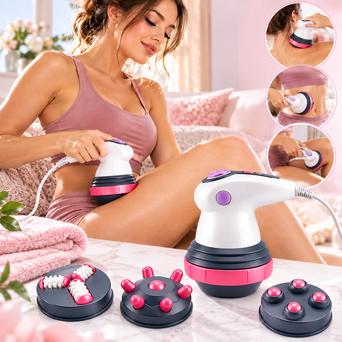 Massaggiatore Anticellulite Elettrico per Corpo, 3 Testine Intercambiabili, Vibrazione, Infrarossi e Intensità Regolabile, Massaggiatore Corpo per Gambe, Glutei, Addome e Braccia