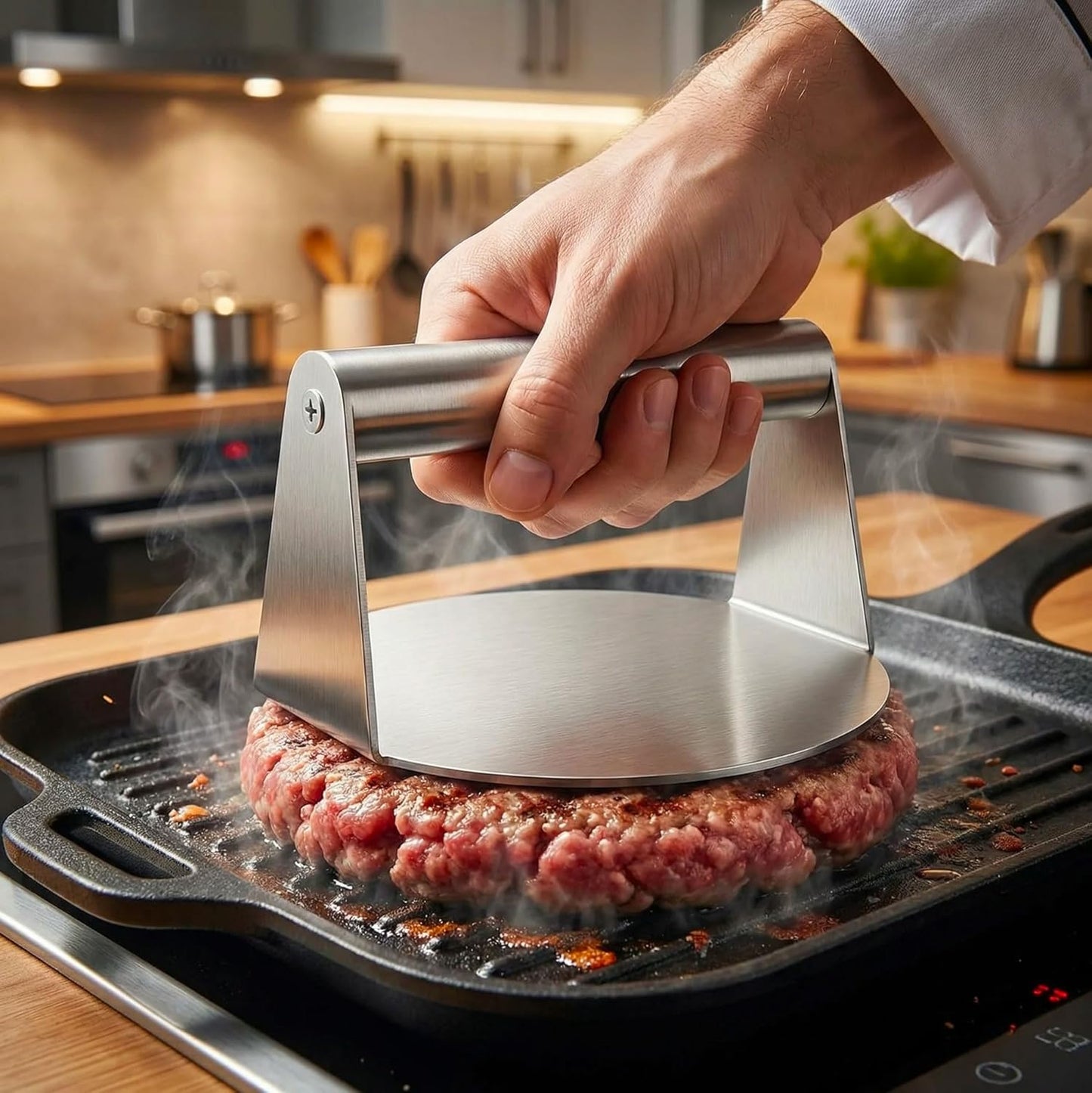 081 Store Pressa per hamburger in acciaio inox da 14 cm + spruzzatore per olio in acciaio inox da 100 ml + spazzola da cucina in silicone