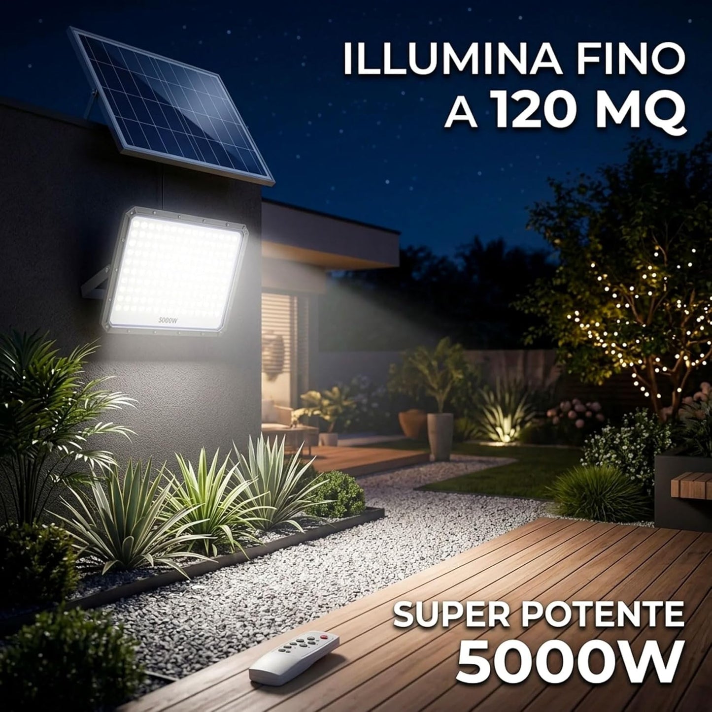 Faro Solare LED Esterno 5000W con Pannello Solare, 320 LED Ultra Luminosi, Luce Bianca Fredda 6500K, Telecomando Incluso, IP66 Impermeabile, Autonomia fino a 12 Ore