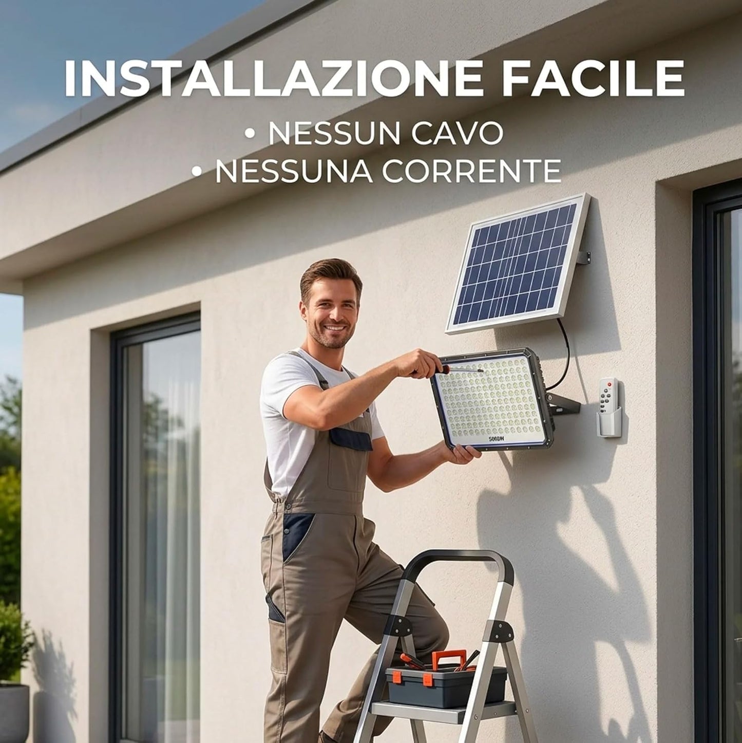 Faro Solare LED Esterno 5000W con Pannello Solare, 320 LED Ultra Luminosi, Luce Bianca Fredda 6500K, Telecomando Incluso, IP66 Impermeabile, Autonomia fino a 12 Ore