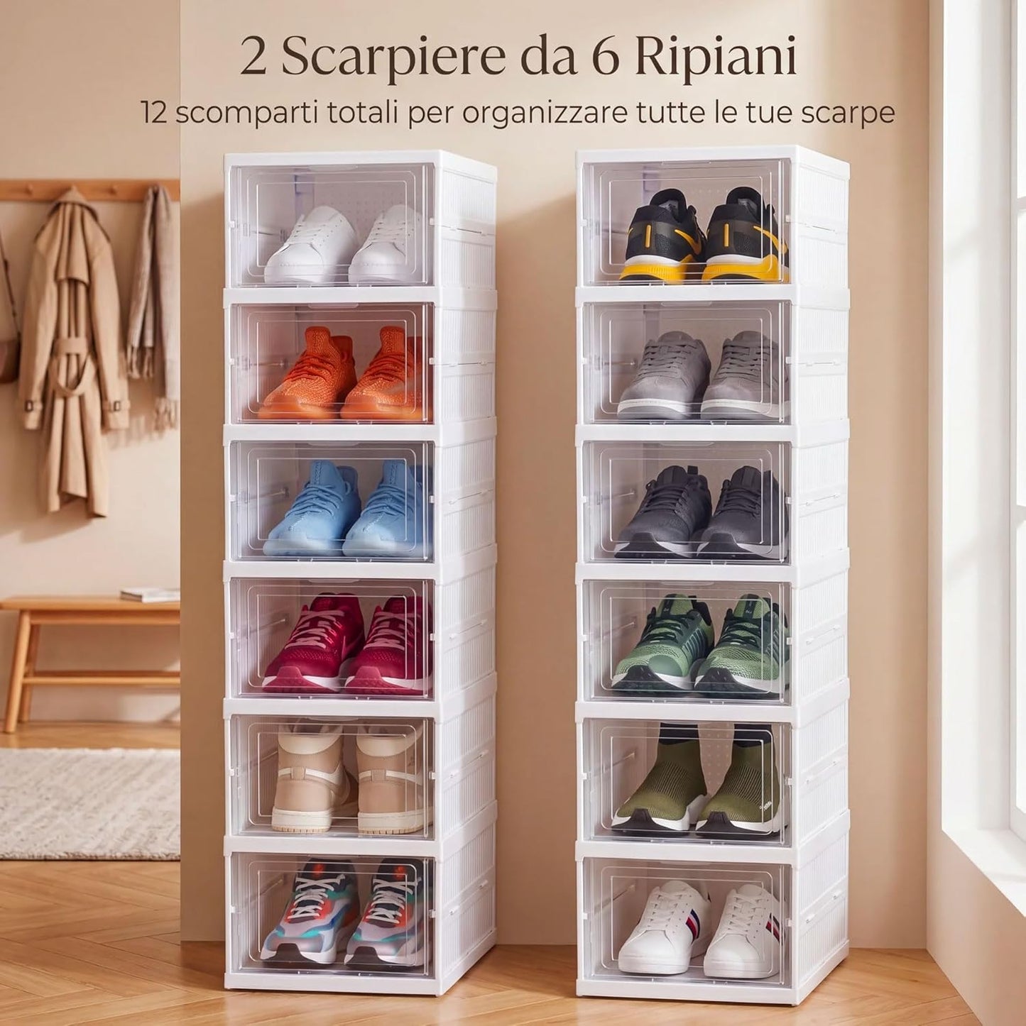 Scarpiera Salvaspazio Pieghevole set da 2,  12 Ripiani Totali, Organizzatore Compatto con 6 Scatole Porta Scarpe