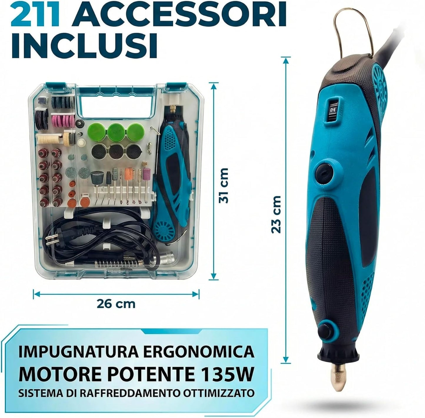 Utensile Multifunzione 135W 31.000 RPM con 211 Accessori, 6 Velocità, Motore Brushless, Mini Trapano per Incidere e Levigare