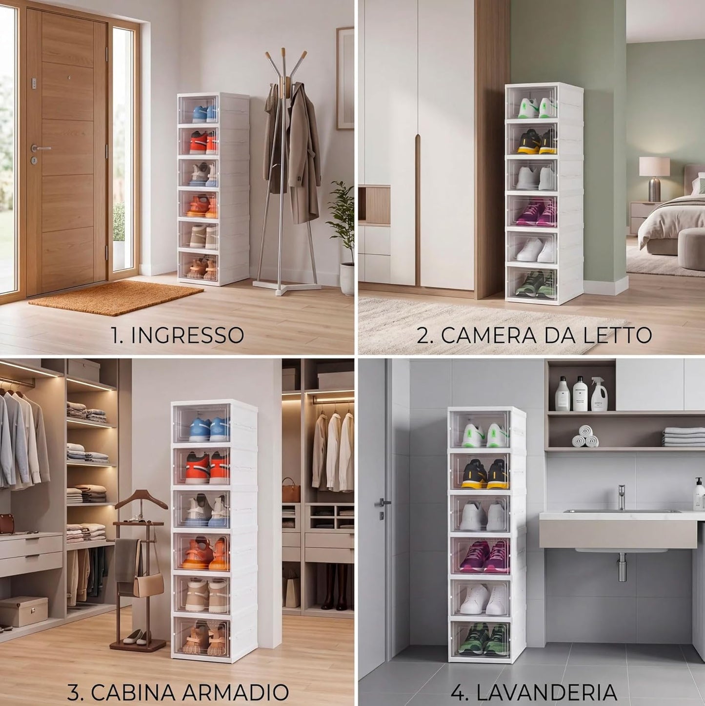 Scarpiera Salvaspazio Pieghevole set da 2,  12 Ripiani Totali, Organizzatore Compatto con 6 Scatole Porta Scarpe