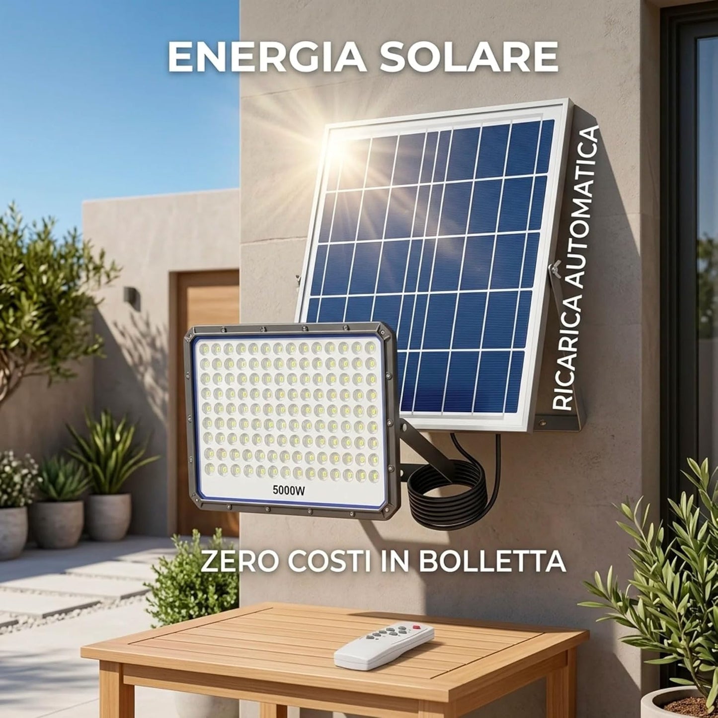 Faro Solare LED Esterno 5000W con Pannello Solare, 320 LED Ultra Luminosi, Luce Bianca Fredda 6500K, Telecomando Incluso, IP66 Impermeabile, Autonomia fino a 12 Ore