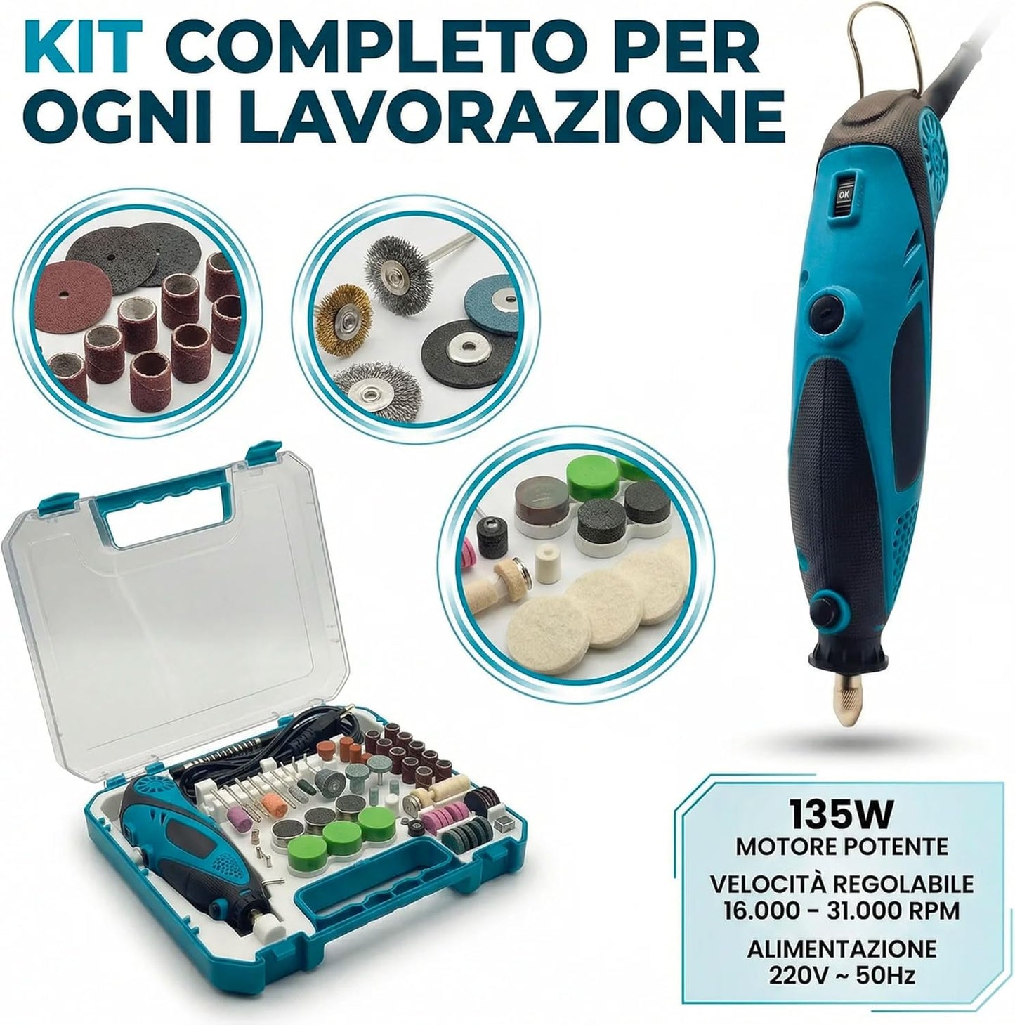 Utensile Multifunzione 135W 31.000 RPM con 211 Accessori, 6 Velocità, Motore Brushless, Mini Trapano per Incidere e Levigare