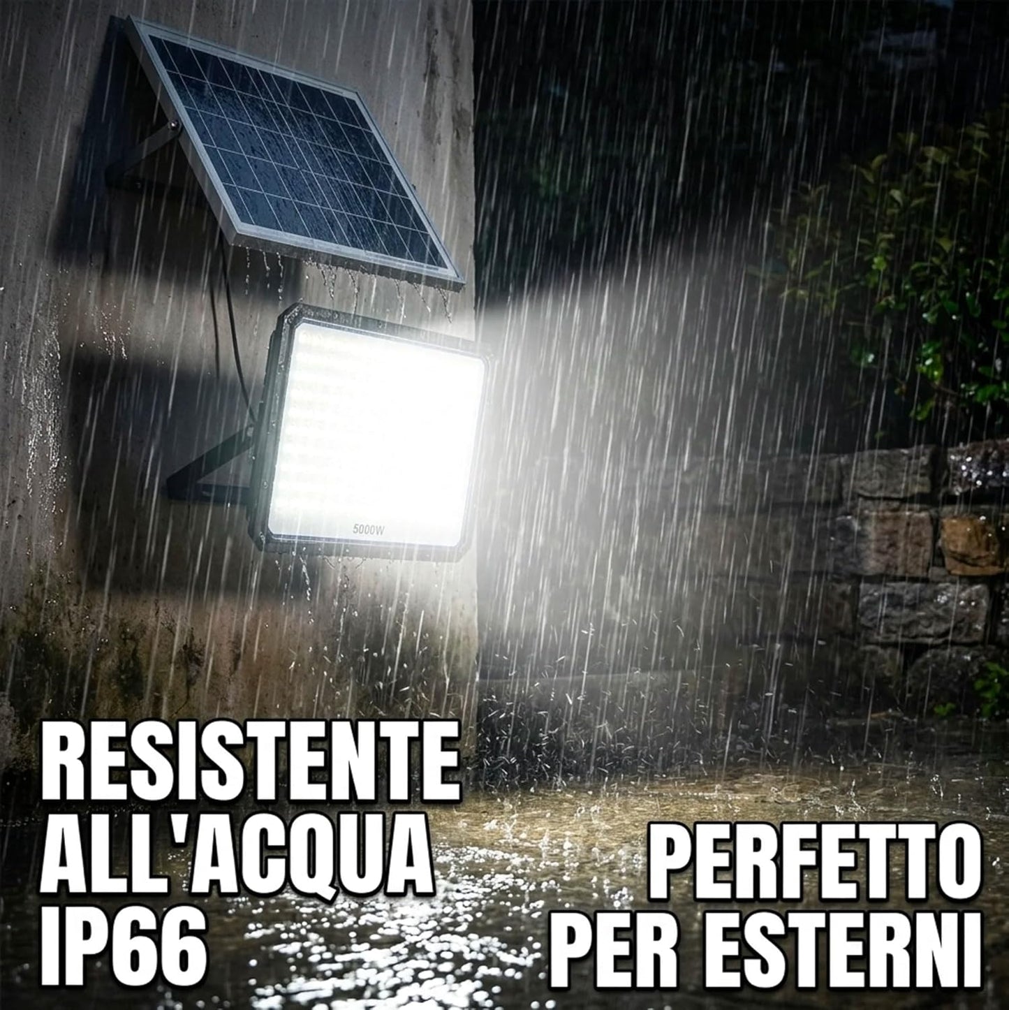 Faro Solare LED Esterno 5000W con Pannello Solare, 320 LED Ultra Luminosi, Luce Bianca Fredda 6500K, Telecomando Incluso, IP66 Impermeabile, Autonomia fino a 12 Ore