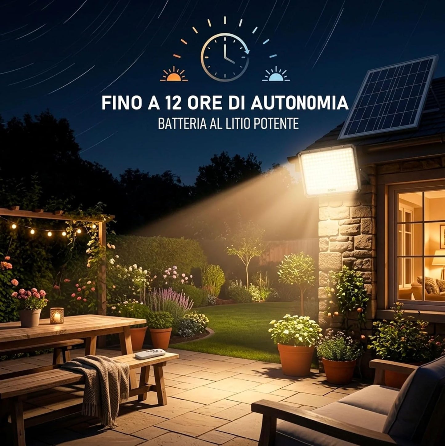 Faro Solare LED Esterno 5000W con Pannello Solare, 320 LED Ultra Luminosi, Luce Bianca Fredda 6500K, Telecomando Incluso, IP66 Impermeabile, Autonomia fino a 12 Ore
