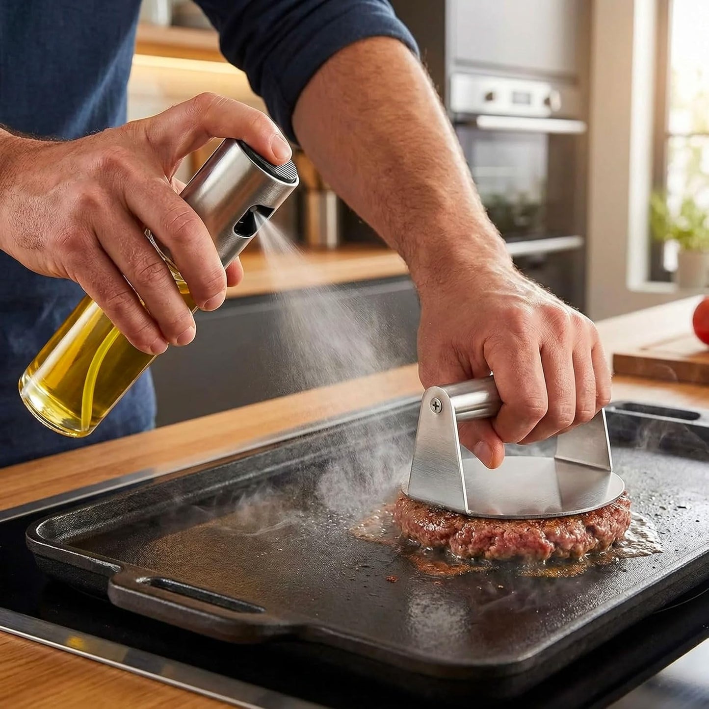 081 Store Pressa per hamburger in acciaio inox da 14 cm + spruzzatore per olio in acciaio inox da 100 ml + spazzola da cucina in silicone