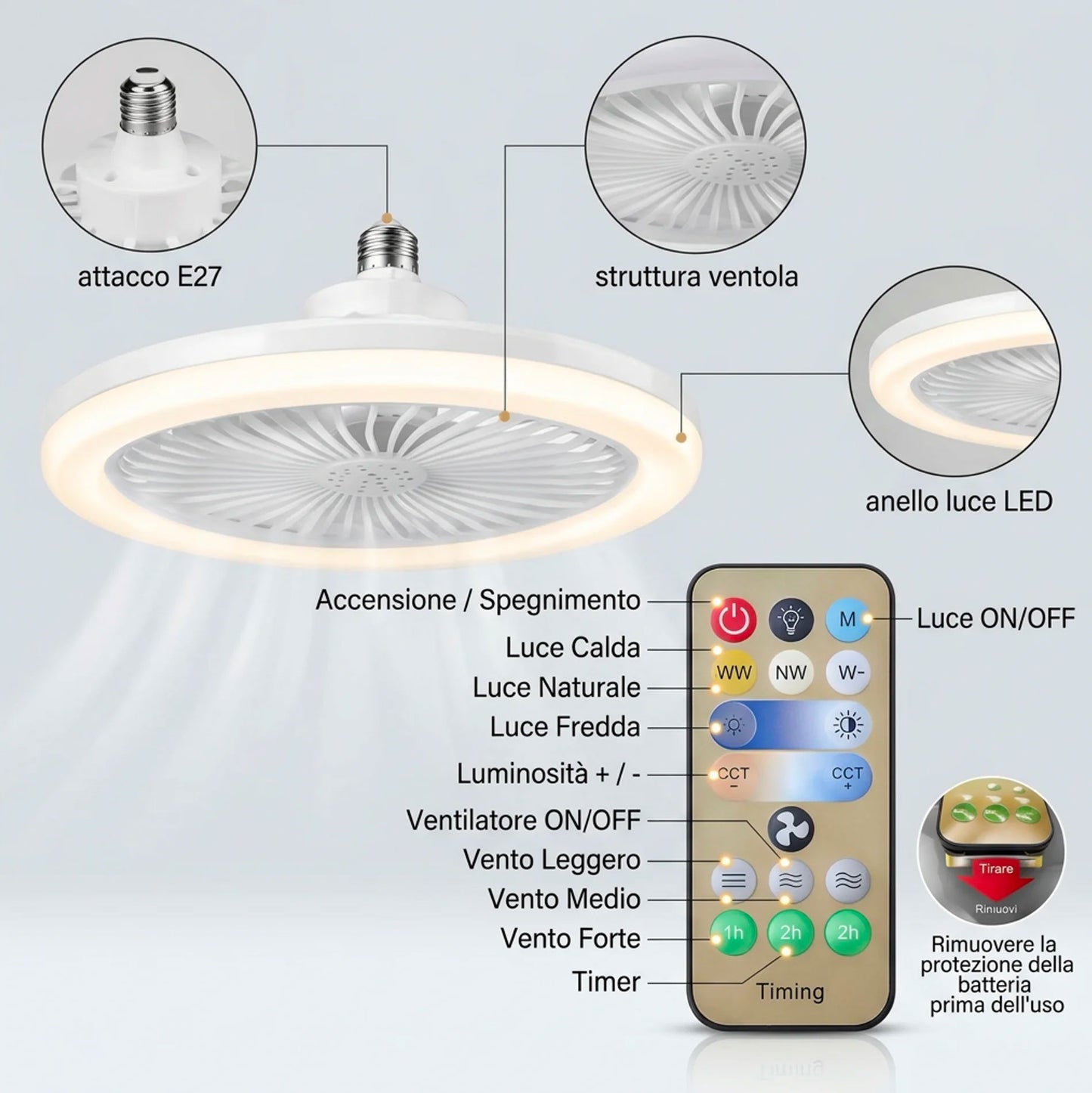 Ventilatore da Soffitto con Luce LED E27 2 in 1 | Ventilatore Silenzioso con Telecomando, 3 Velocità, Luce Regolabile Calda Naturale Fredda, Facile Installazione