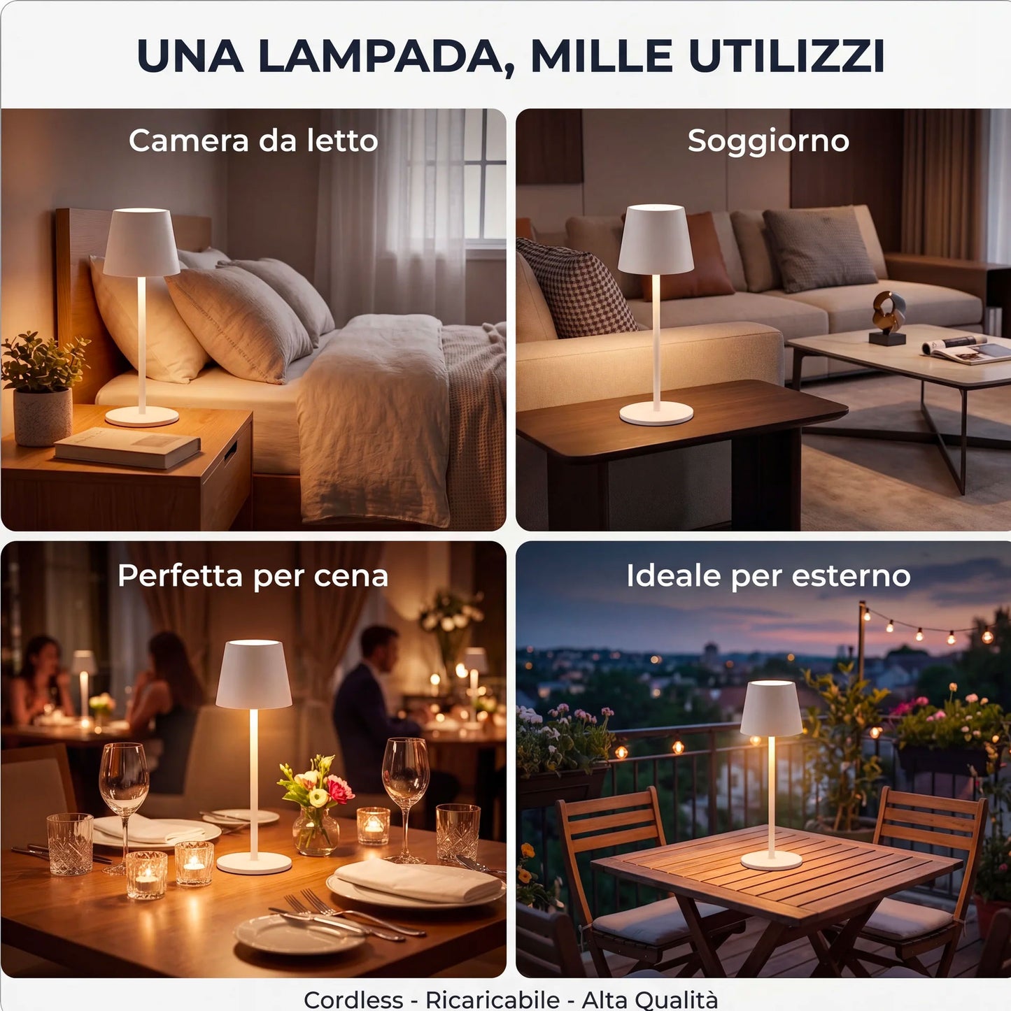 Kit 2 Lampade da Tavolo Senza Fili Ricaricabili Bianche, LED Dimmerabili 3 Tonalità 3000K-6500K, Touch Control, Impermeabili IP54, Lampade Senza Fili Moderne per Interno ed Esterno