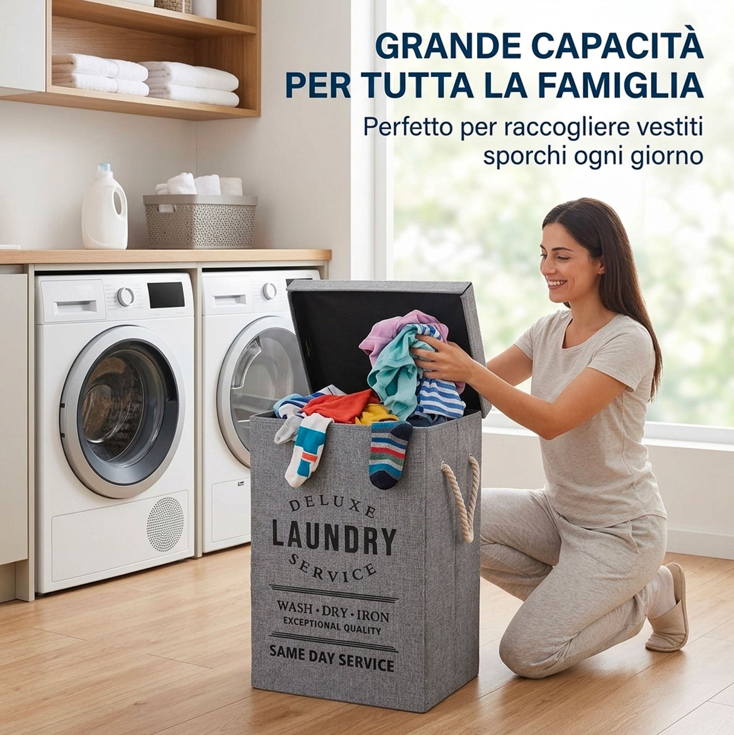 Cesto Porta Biancheria Pieghevole in Tessuto Grigio con Coperchio e Manici – Porta Bucato Salvaspazio per Lavanderia, Bagno e Camera