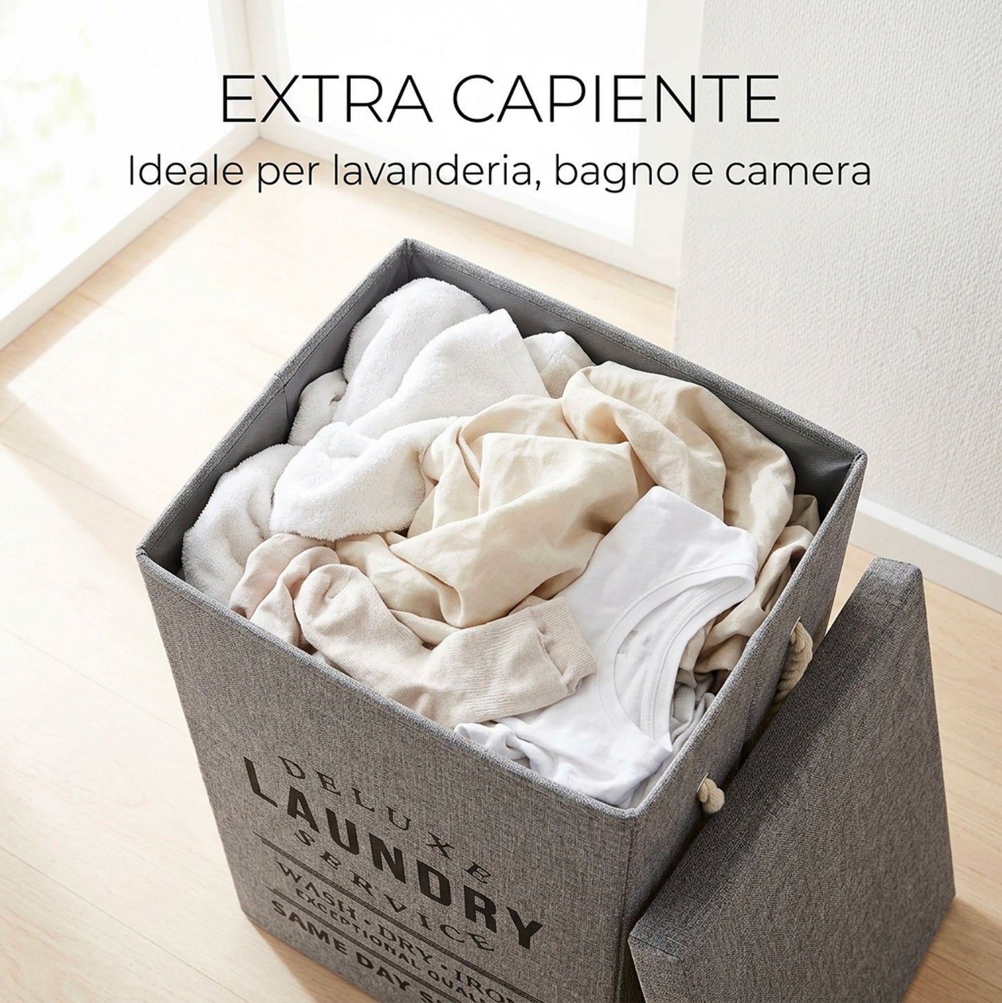 Cesto Porta Biancheria Pieghevole in Tessuto Grigio con Coperchio e Manici – Porta Bucato Salvaspazio per Lavanderia, Bagno e Camera