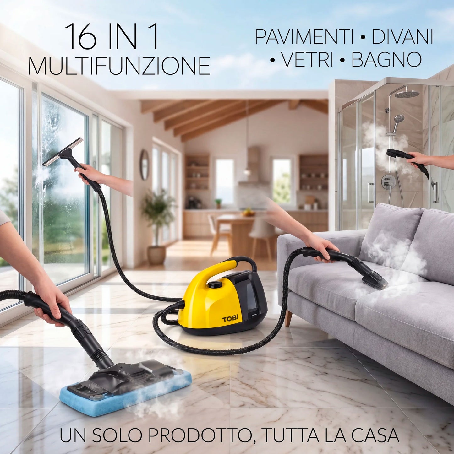 Pulitore a Vapore 1800W 16 Accessori Multifunzione per Casa – Pulizia Profonda Senza Prodotti Chimici per Divani, Materassi, Vetri, Bagno e Cucina