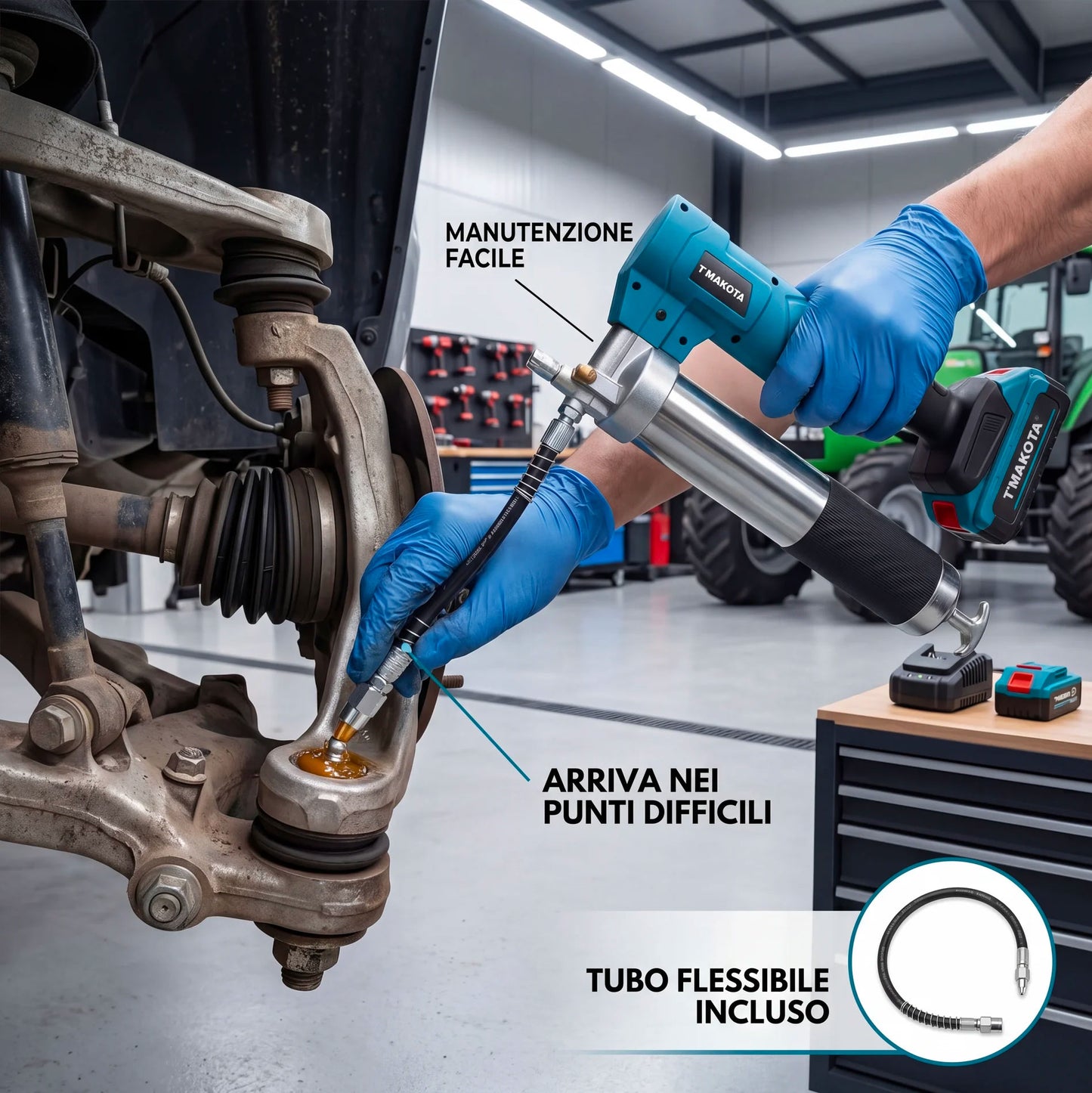 Ingrassatore Elettrico a Batteria Ricaricabile Senza Fili ad Alta Pressione 7000 PSI con 2 Batterie e Accessori