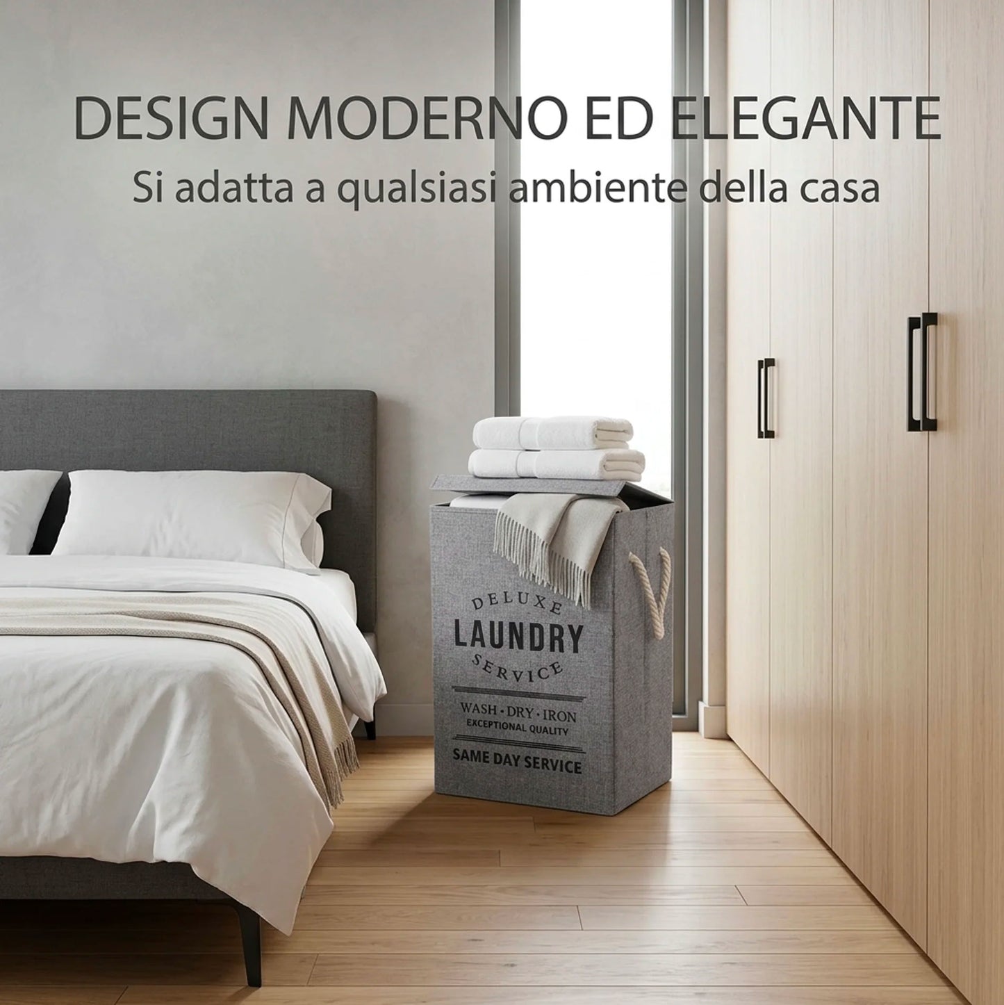 Cesto Porta Biancheria Pieghevole in Tessuto Grigio con Coperchio e Manici – Porta Bucato Salvaspazio per Lavanderia, Bagno e Camera